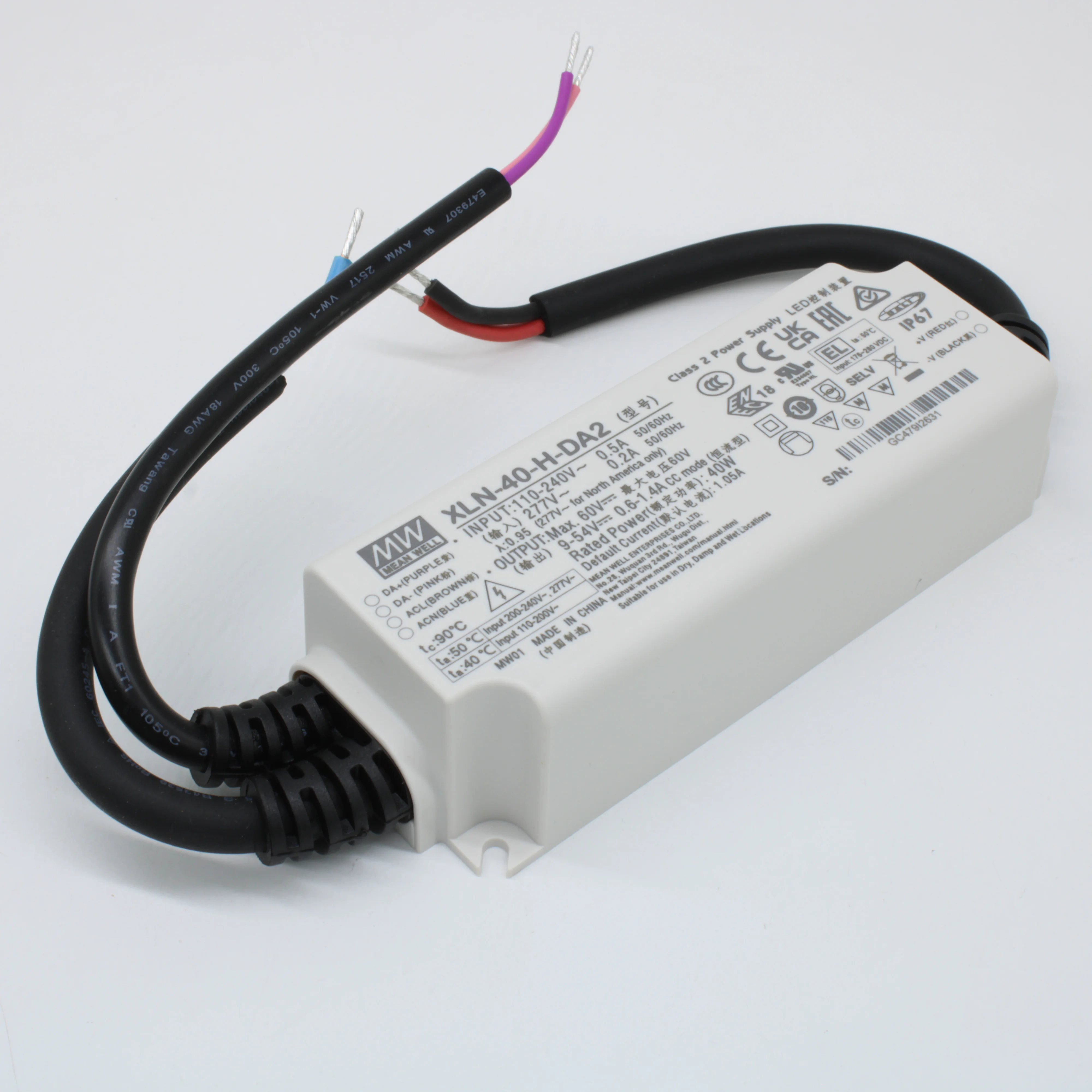 XLN-40-H-DA2 - AC-DC LED-драйвер, CC, 40Вт, вход 100…305В AC, 47…63Гц, выход 1050 (600…1400/NFC)мА/9…54В, изоляция 3750В AC, DALI-2, IP67, 114х44х32мм, -25…+85°С