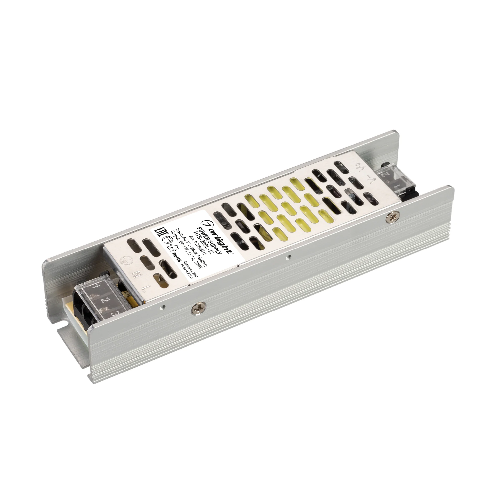 Блок питания HTS-200L-12 (12V, 16.7A, 200W) 020826(1) - Источник напряжения с гальванической развязкой для светодиодных изделий. Входное напряжение 176-264 VAC. Выходные параметры: 12 В, 16,7 А, 200 Вт. Встроенный PFC >0,5. Негерметичный алюминиевый сетча