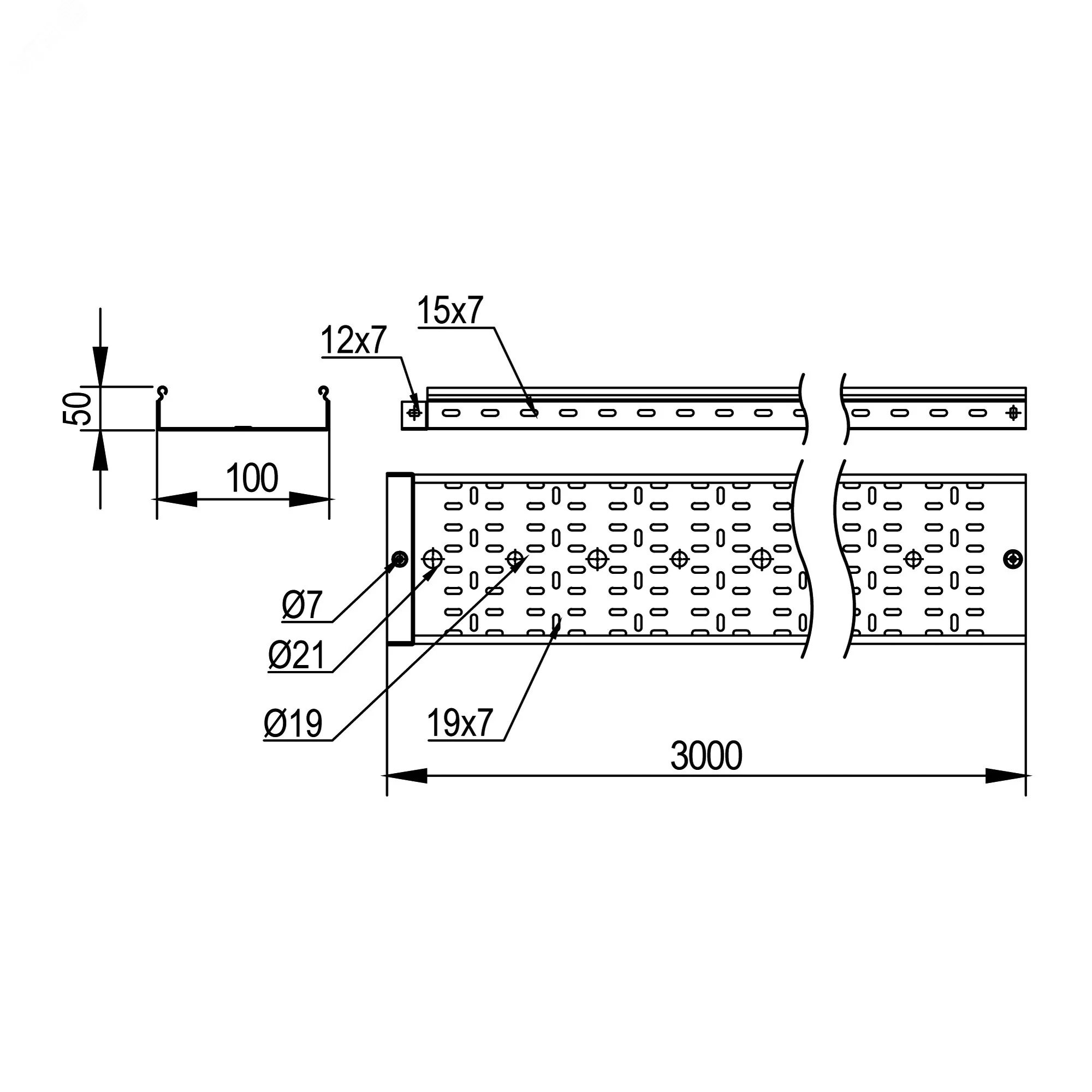 Лоток перфорированный 50x100х3000, 2,0 мм, горячеоцинкованный SPH30510HDZ