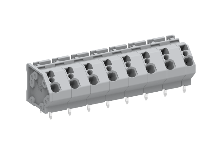 Розеточный разъем на плату 245403 - Клемма, подвод кабеля 45 град., на плату, шаг: 10.0 мм, 3 полюса, фиксация провода push-in, исполнение: два вывода на контакт, 1000V, 32A, цвет: серый