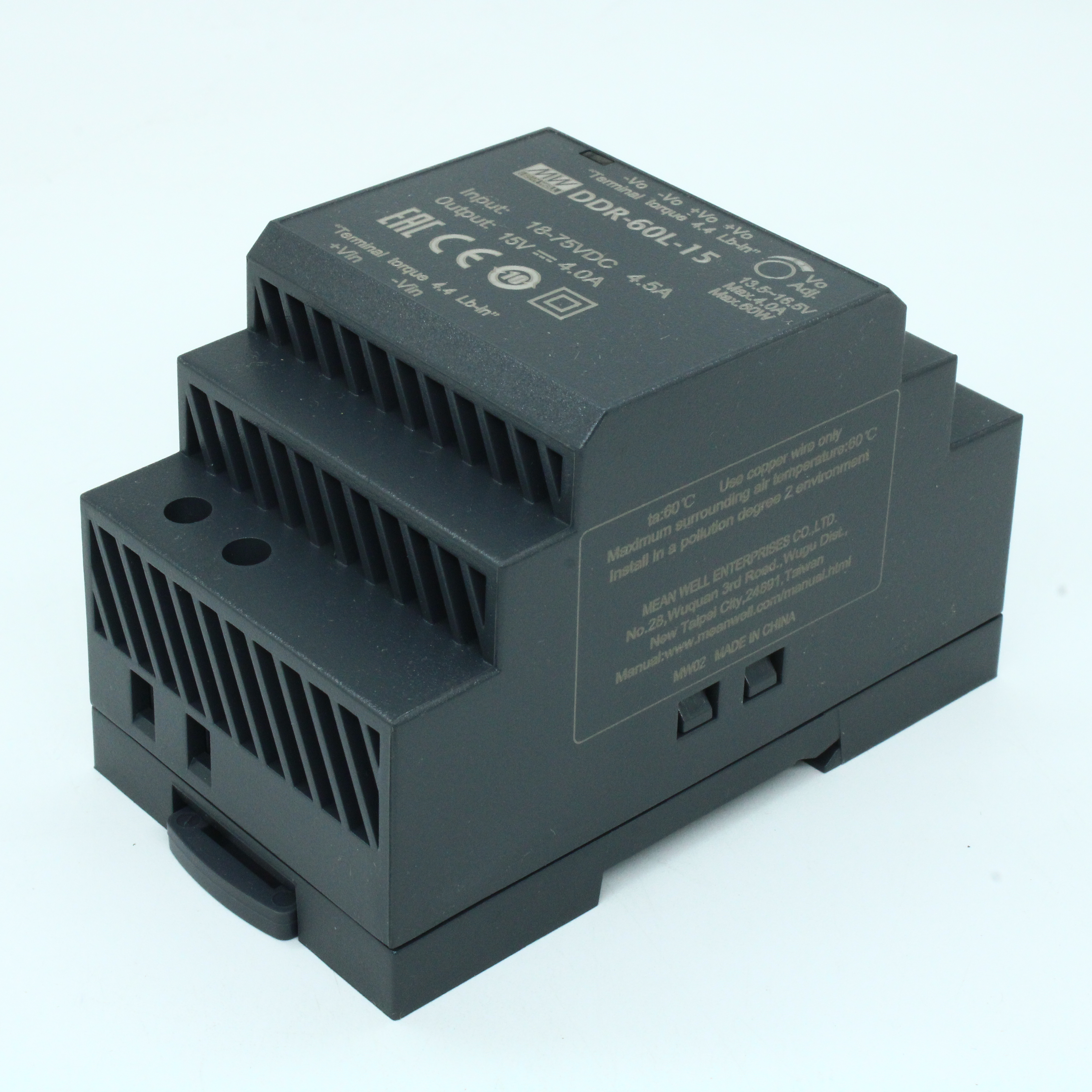 DDR-60L-15 - DC-DC, 60Вт, вход 18…75 В DC, выход 15В/4А, изоляция 4000В DC, в кожухе на DIN-рейку, 52.5х90х54.5мм, -40...+85°С