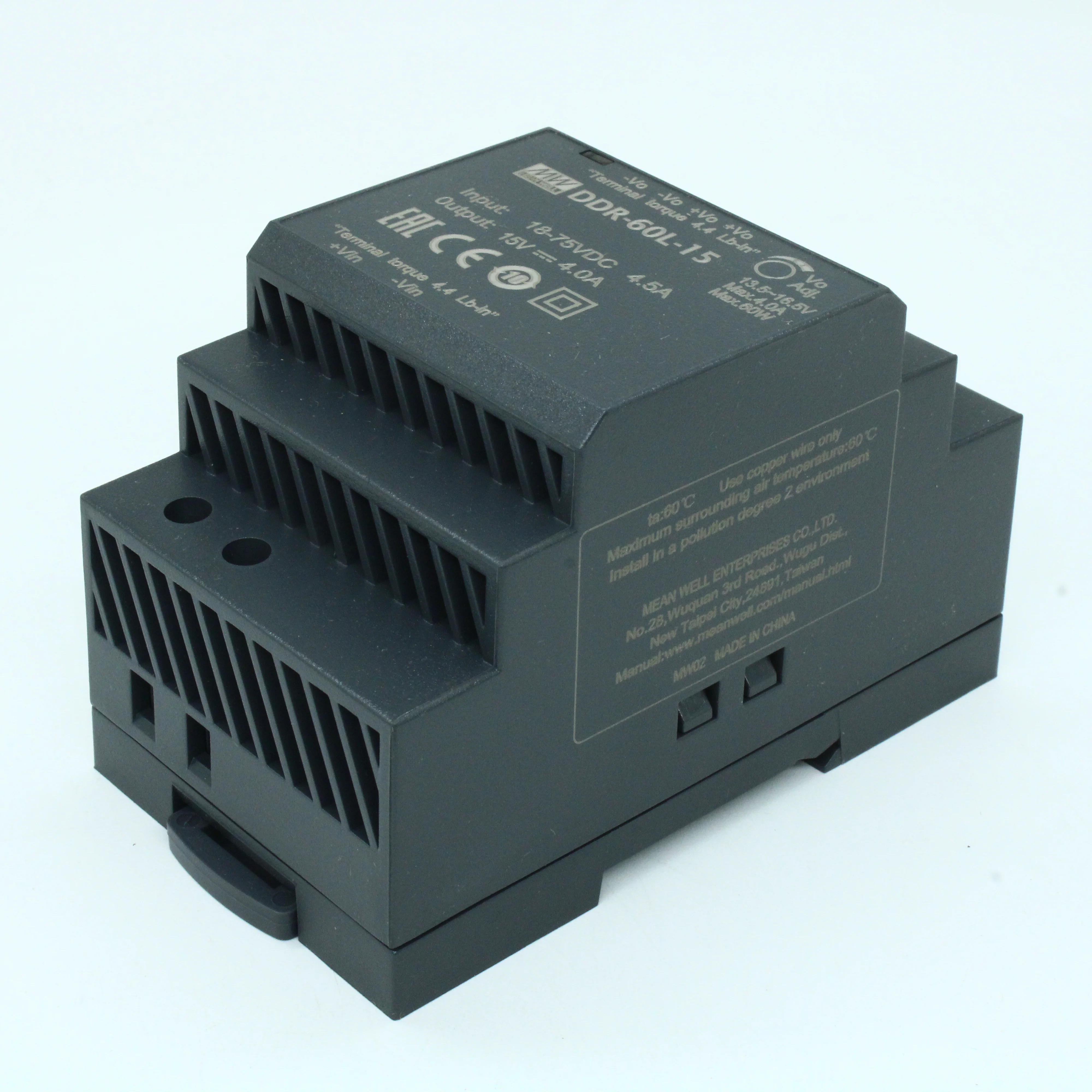 DDR-60L-15 - DC-DC, 60Вт, вход 18…75 В DC, выход 15В/4А, изоляция 4000В DC, в кожухе на DIN-рейку, 52.5х90х54.5мм, -40...+85°С