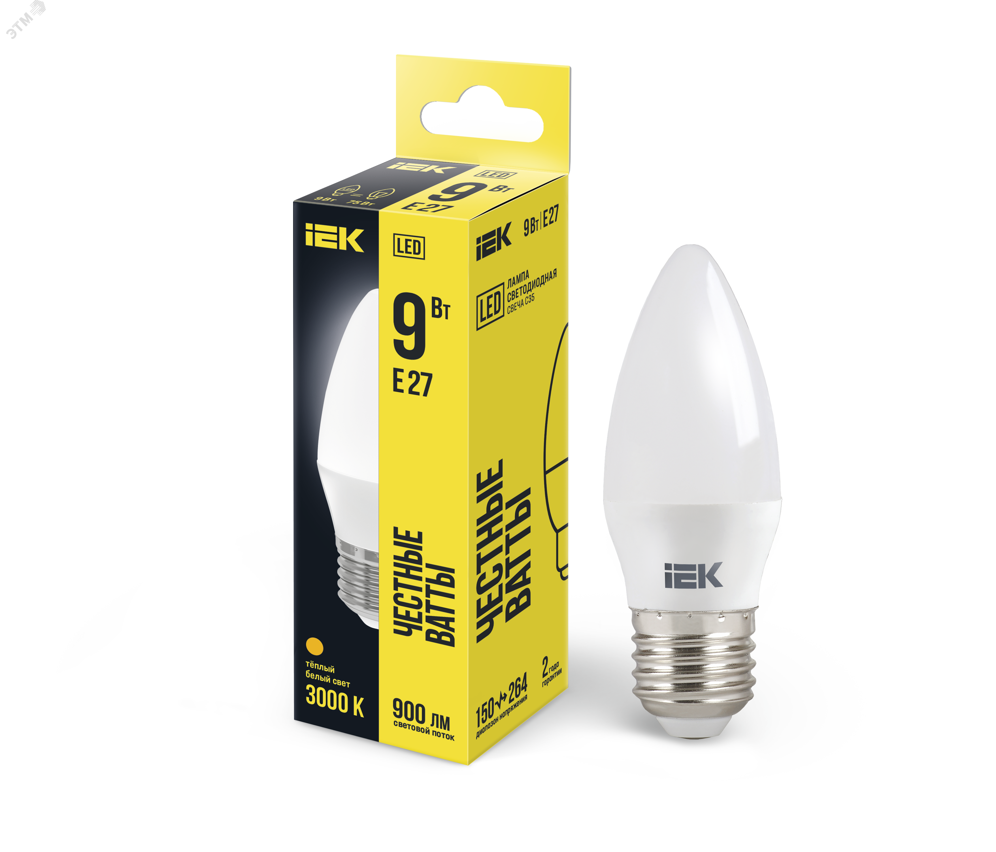 Лампа светодиодная ECO C35 9Вт свеча 3000К E27 230В LLE-C35-9-230-30-E27