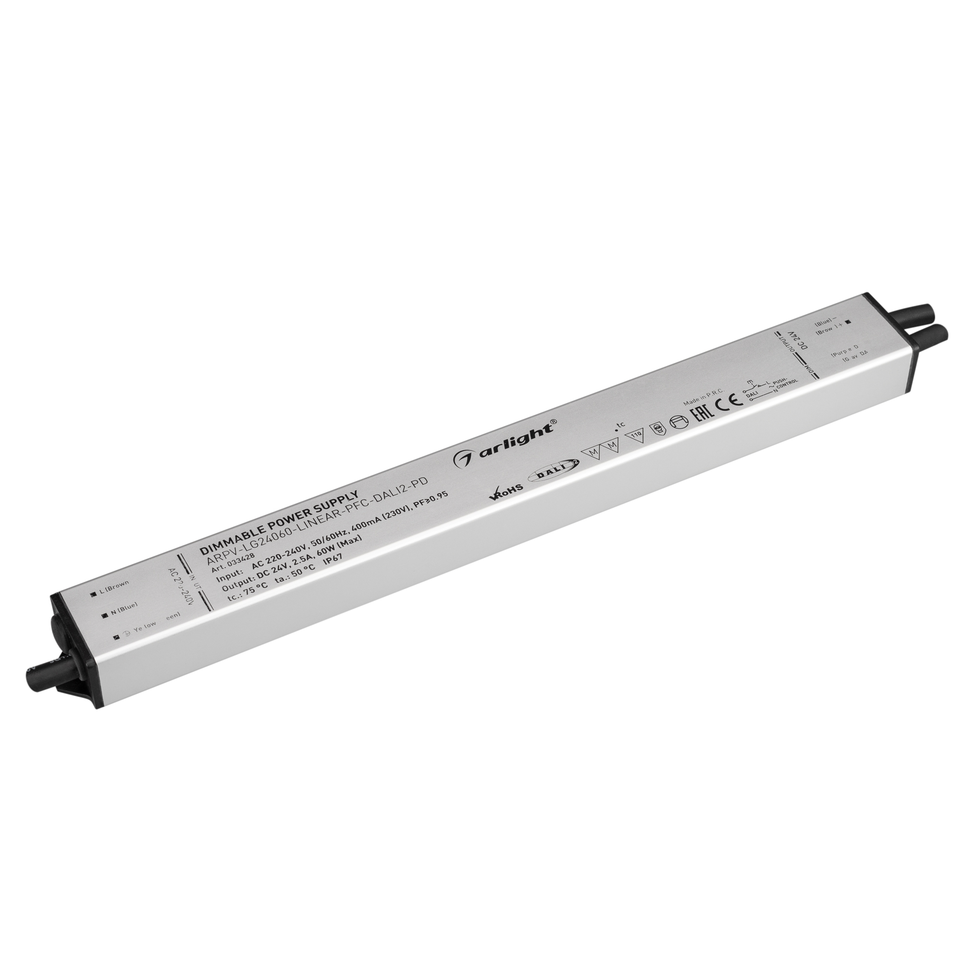 Блок питания ARPV-LG24060-LINEAR-PFC-DALI2-PD (24V, 2.5A, 60W) 033428 - Диммируемый блок питания 24V с гальванической развязкой, ток 2.5А, 60Вт, с управлением DALI, c функцией PUSH-DIM, с корректором мощности, PF>0,95. Тонкий металлический корпус IP67. Вх