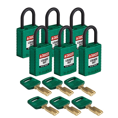 gws150209 - Замки SafeKey нейлоновые компактные, нейлоновая дужка, высота дужки – 25 мм, диаметр дужки – 4.3 мм, нейлоновый корпус, размеры корпуса – 43х32х19 мм, цвет – зеленый, 6 шт/упак