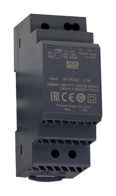 DDR-30L-15 - DC-DC, 30Вт, вход 18…75 В DC, выход 15В/2А, изоляция 4000В DC, в кожухе на DIN-рейку, 35х90х54.5мм, -40...+85°С
