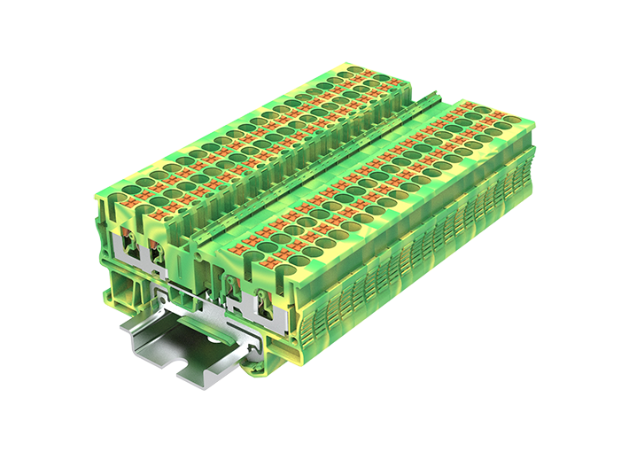 Заземляющая клемма TP2.5-4-PE - Заземляющая клемма, 4 точки подключения, push-in, номинальное сечение: 2,5 мм кв., ширина: 5,2 мм, цвет: желто-зеленый, тип монтажа: DIN 35