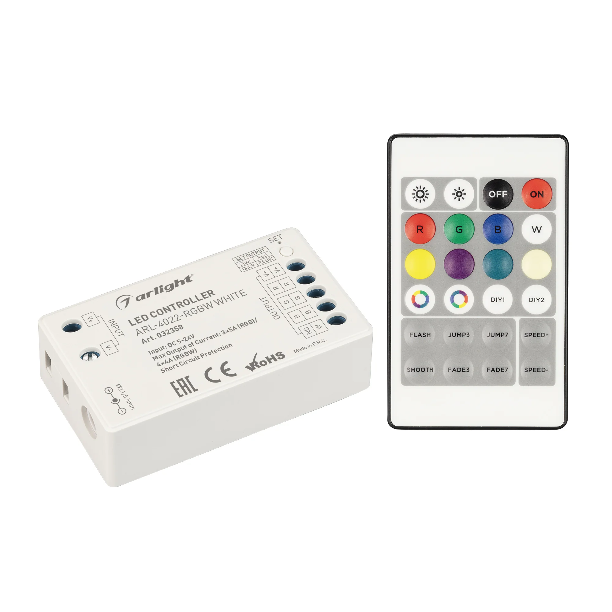 Контроллер ARL-4022-RGBW White (5-24V, 4x4A, ПДУ 24кн, RF) 032358 - Контроллер для светодиодной RGB/RGBW ленты (ШИМ). Напряжение питания DC 5-24V, частота радиосвязи пульта и контроллера 433.92Mhz. Два варианта подключения - 3 канала: 5А на канал, максима
