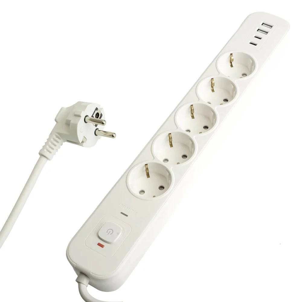 Фильтр сетевой 5-местный с/з 3x1 мм2 1,8 м 250 В 16 А 2 USB-A+2 Type-C белый HM21-51-02