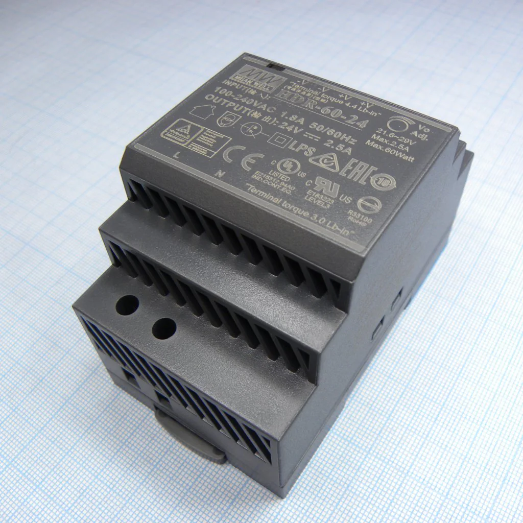 HDR-60-24 - AC-DC, 60Вт, вход 85...264 В AC 47...63Гц/120...370В DC, выход 24В/2.5А, изоляция 3000В AC, в кожухе на DIN-рейку, 52.5х90х54.5мм, -30...+70°С