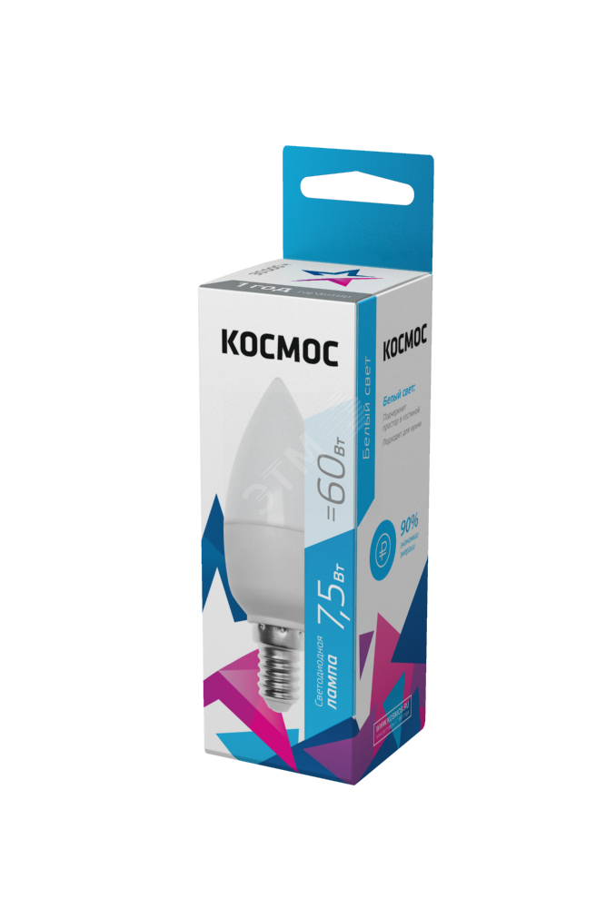Лампа светодиодная 7.5Вт свеча 4500К бел. E14 220В КОСМОС LkecLED7.5wCNE1445