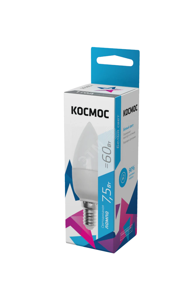Лампа светодиодная 7.5Вт свеча 4500К бел. E14 220В КОСМОС LkecLED7.5wCNE1445