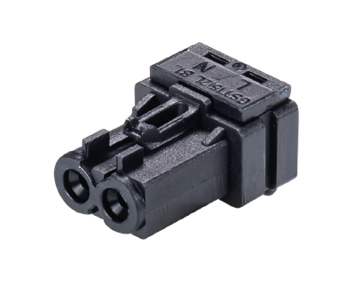 Разъём GST15I2L B1H   SW - Розеточный разъем под пайку, 2 полюса, угол 90 гр., номинальное напряжение: 250V, номинальный ток: 16A, цвет корпуса: черный, цвет контактной вставки: черный, серия gesis GST15i2