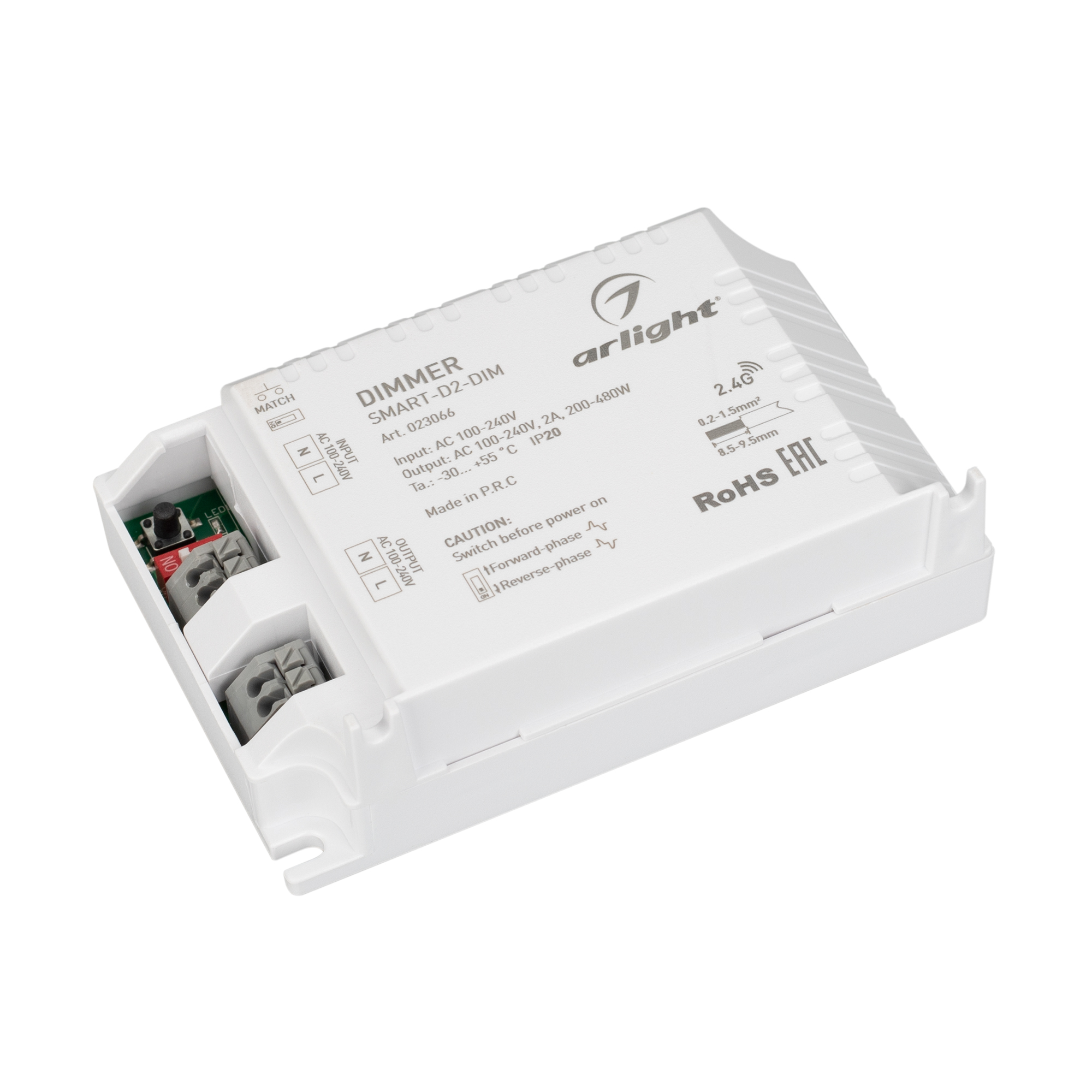 Диммер SMART-D2-DIM-SUF (230V, 2A, TRIAC, 2.4G) 023066 - Диммер для одноцветных источников света (TRIAC). Питание/рабочее напряжение 100-240VDC, выходной ток 2А, выходная мощность 200-480W. Корпус - PVC. Габариты 103х67х30 мм. Управляется пультами и панел