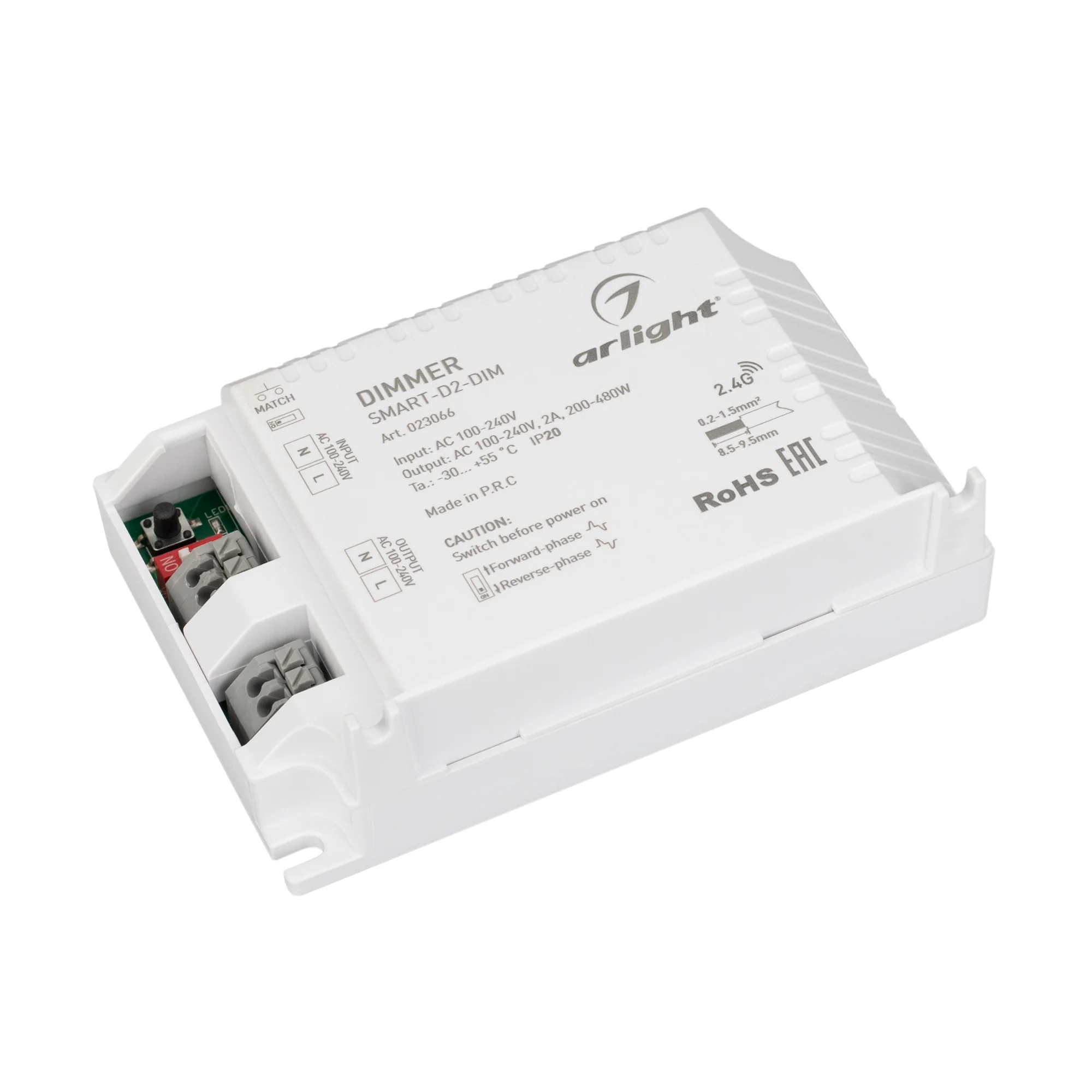 Диммер SMART-D2-DIM-SUF (230V, 2A, TRIAC, 2.4G) 023066 - Диммер для одноцветных источников света (TRIAC). Питание/рабочее напряжение 100-240VDC, выходной ток 2А, выходная мощность 200-480W. Корпус - PVC. Габариты 103х67х30 мм. Управляется пультами и панел