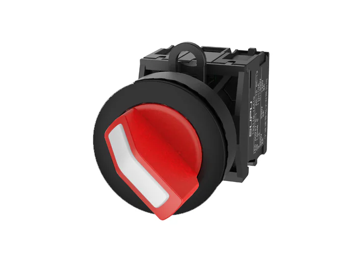 Селекторный переключатель(красный)TS2530-1AC10-R20 - Переключатель, короткая ручка, 3-х позиционный, пружинный самовозврат из 2 положений, без подсветки, утопленное пластиковое переднее кольцо, с плавным нажатием, с контактной группой 2NO, диаметр головки