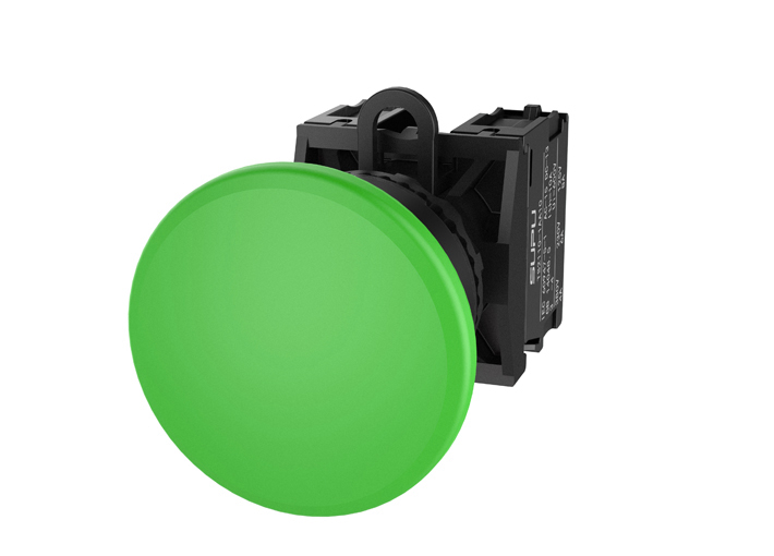 Кнопка грибовидная (зеленая) TS2510-0FM20-R20 - Кнопка грибовидная, без блокировки, без подсветки, пластиковое переднее кольцо, с плавным нажатием, с контактной группой 2NO, диаметр головки кнопки 40 мм, диаметр посадочного отверстия: 22 мм, цвет: зеленый