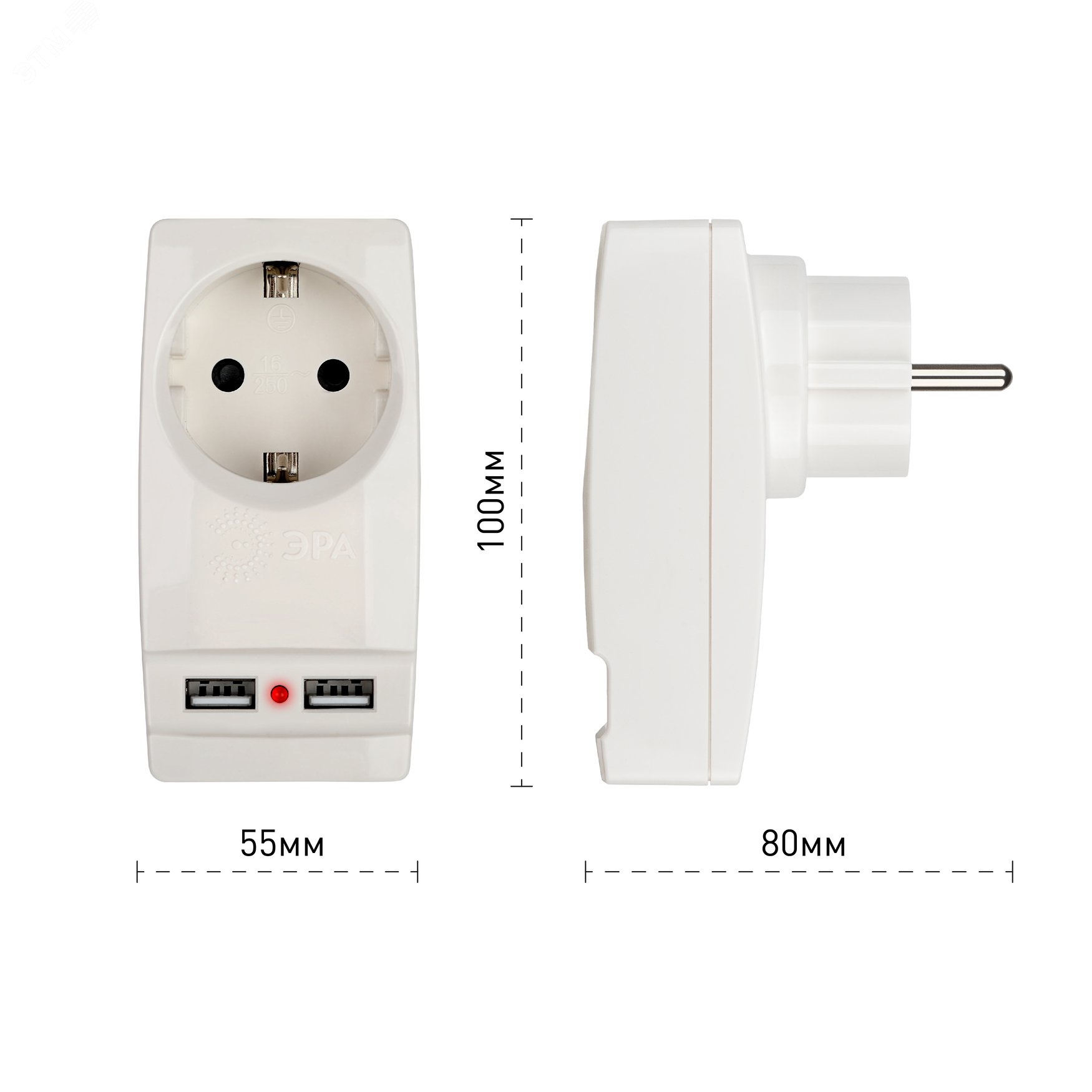 Адаптер 1-м с заземл. Polynom SP-1e-USB-W 220В 2хUSB 2100мА бел. Б0026332