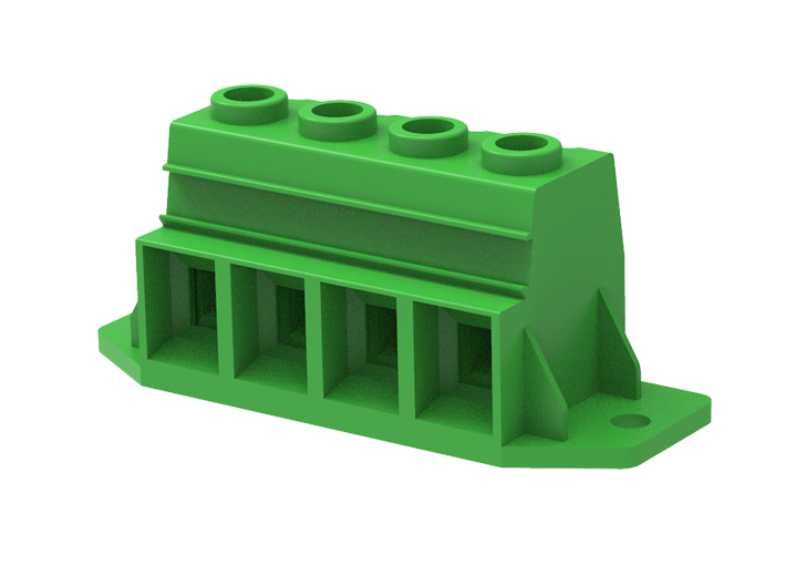 Розеточный разъем на плату MC-TK15H07C-B - Клемма, горизонтальный подвод кабеля, на плату, шаг: 15 мм, 7 полюсов, фиксация провода винтовая, исполнение: с монтажными фланцами, 1000V, 125A, цвет: зеленый