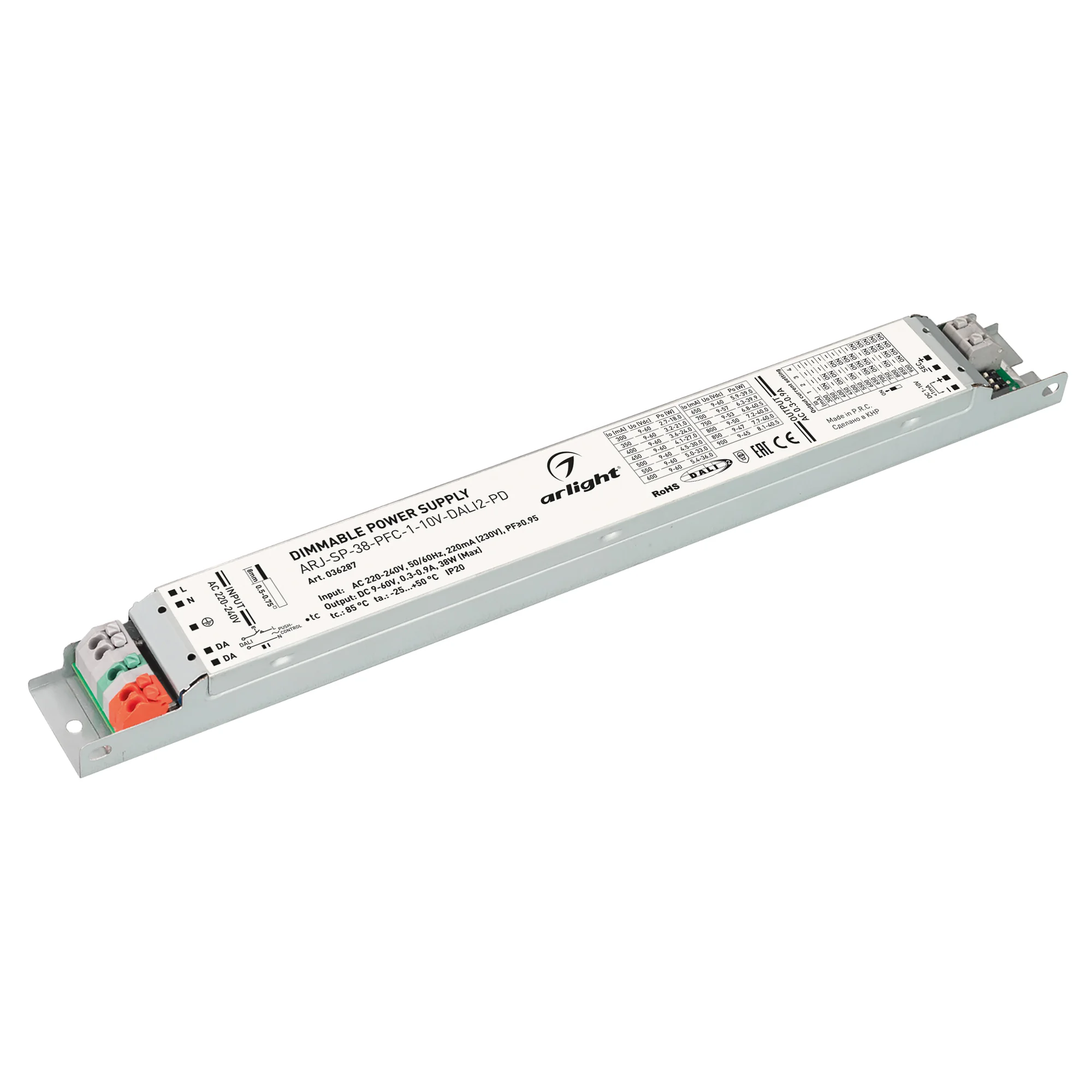 Блок питания ARJ-SP-38-PFC-1-10V-DALI2-PD (38W, 9-60V, 0.3-0.9A) 036287 - Диммируемый источник тока по протоколу DALI 2.0 (диапазон 0-100%) и 1-10V (диапазон 2%-100%) с гальванической развязкой для светильников и мощных светодиодов. Входное напряжение 220