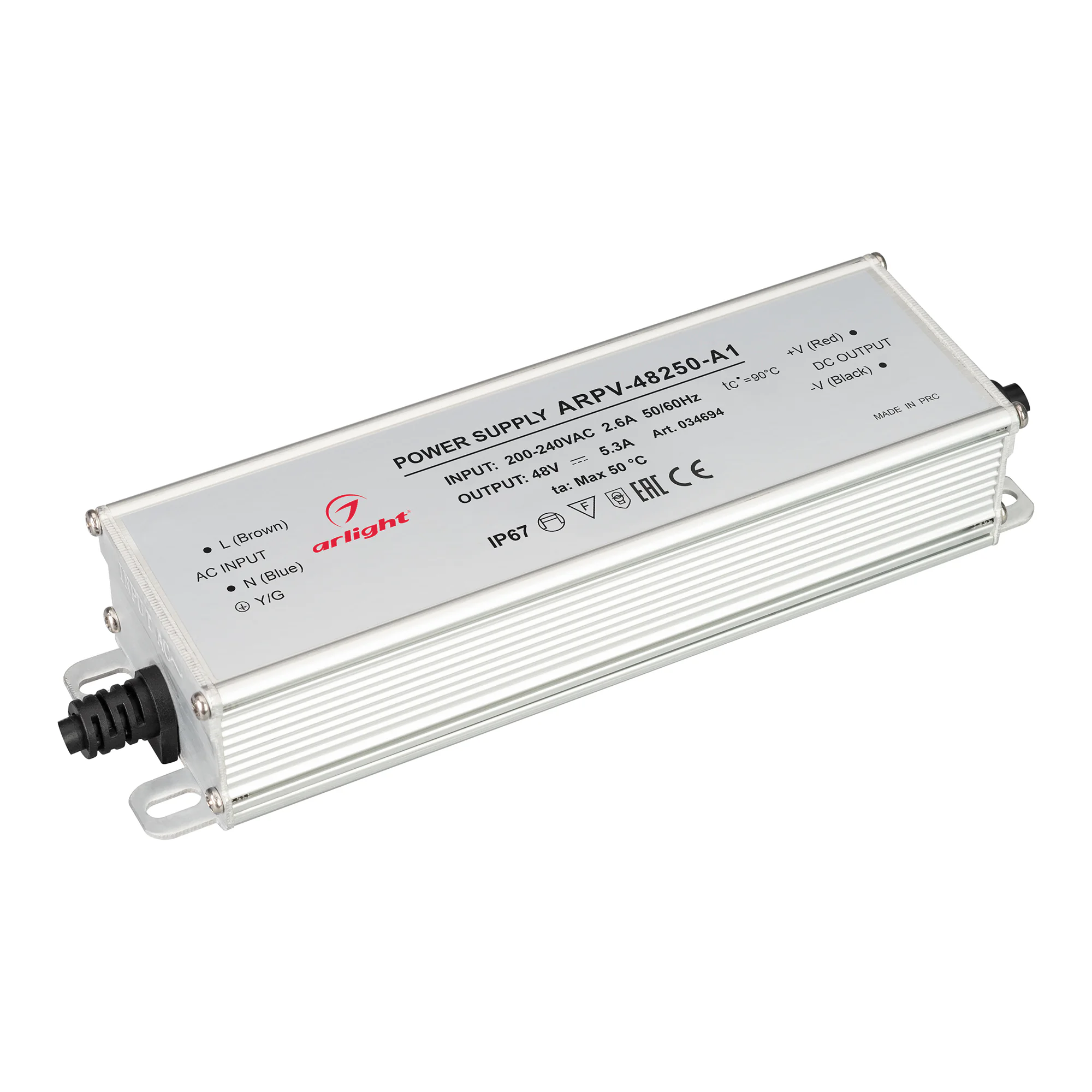 Блок питания ARPV-48250-A1 (48V, 5.3A, 254W) 034694 - Источник напряжения с гальванической развязкой для светодиодных изделий. Входное напряжение 200-240 VAC. Выходные параметры: 48 В, 5.3 А, 254 Вт. Встроенный PFC >0,5. Герметичный алюминиевый корпус IP 