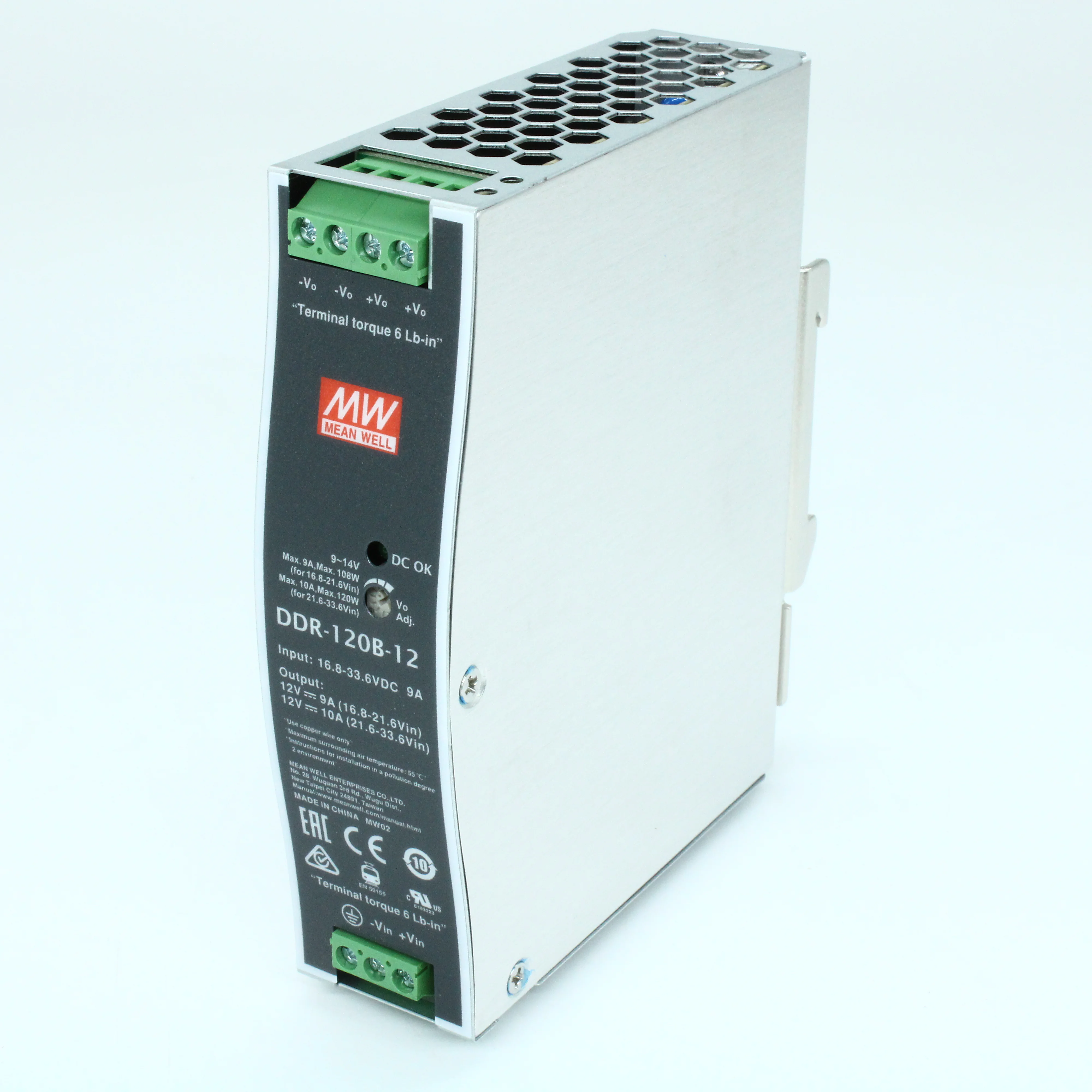 DDR-120B-12 - DC-DC, 120Вт, вход 16.8…33.6В DC, выход 12В/10А, изоляция 4000В DC, в кожухе на DIN-рейку, 32х125.2х102мм, -40...+70°С