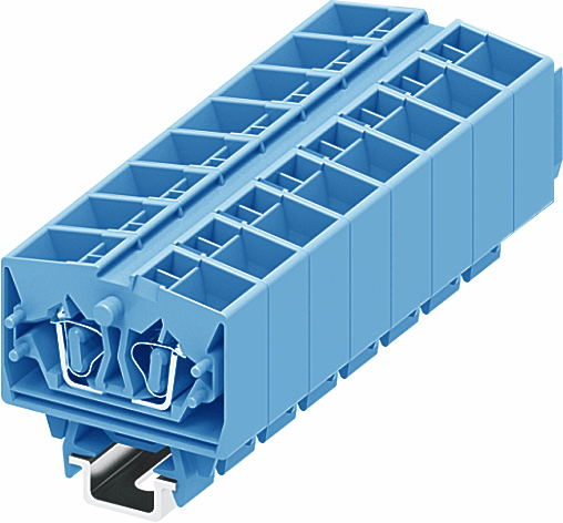 Клемма мини 254394 - Мини клемма, верхний подвод кабеля, 4 точки подключения в клемме, тип фиксации провода: пружинный, номинальное сечение: 2,5 мм кв., 24A, 800V, цвет: синий, тип монтажа: DIN15