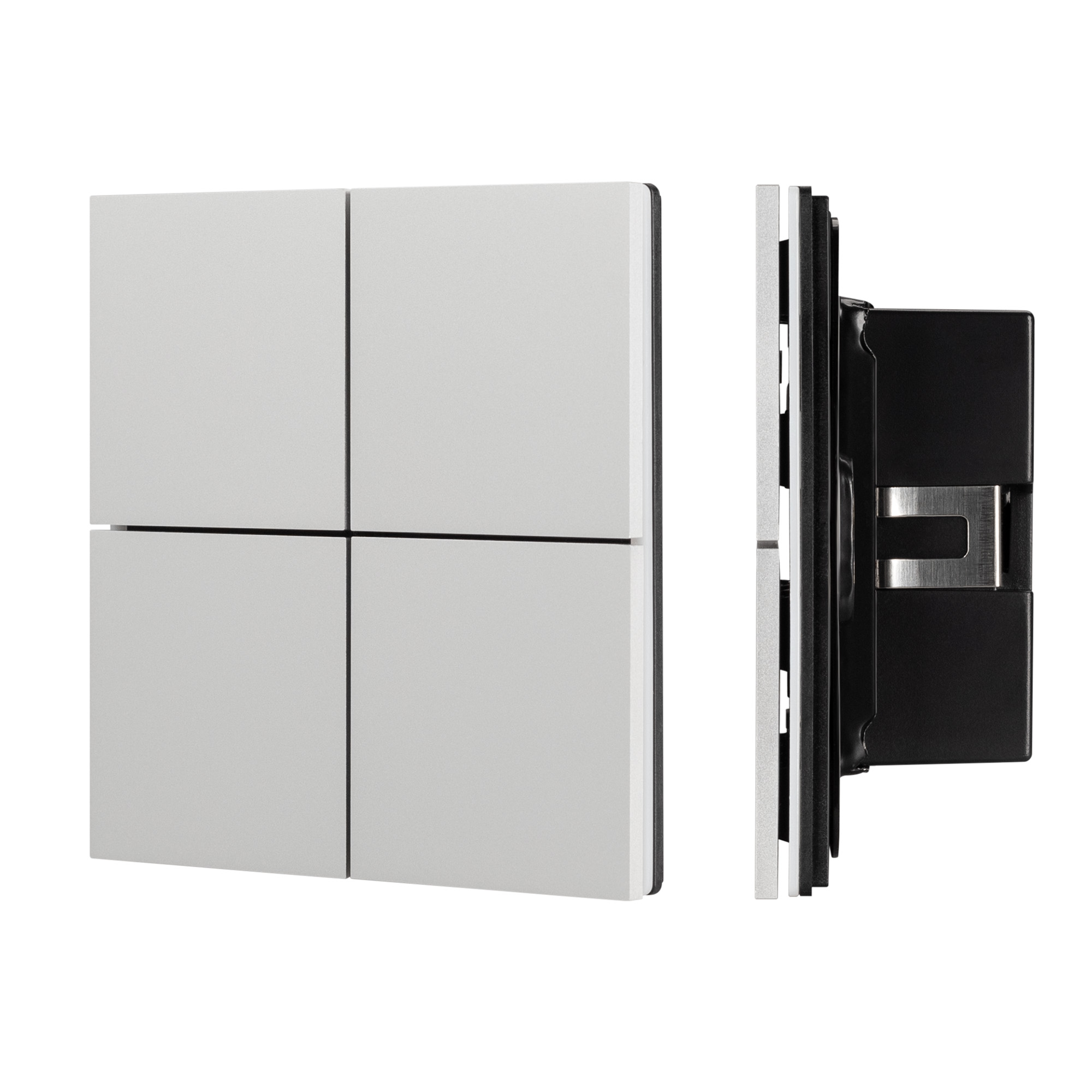INTELLIGENT ARLIGHT Кнопочная панель KNX-304-23-IN Silver (BUS, Frameless) 039662 - Универсальная многофункциональная встраиваемая настенная панель для систем KNX. 4 рокерные клавиши, 1 клавиша может выполнять функции 2-х клавиш. Безрамочный корпус, матер