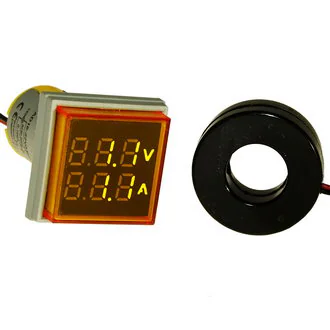 DMS-202 - Цифровой LED вольт-амперметр AC 60-500В/0-100А, AD16-22FVA, желтый, установка на панель в отв d=22мм