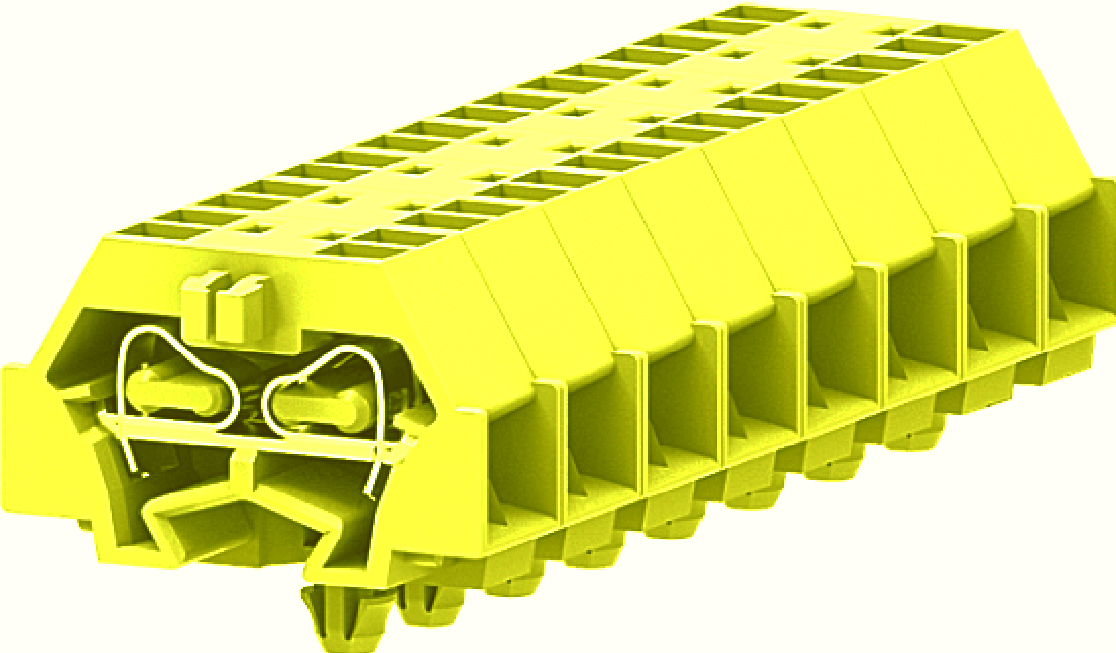 Клемма мини 240347 - Мини клемма, боковой подвод кабеля, 4 точки подключения в клемме, тип фиксации провода: пружинный, номинальное сечение: 1,5 мм кв., 18A, 400V, цвет: желто-зеленый, тип монтажа: защелки в панель