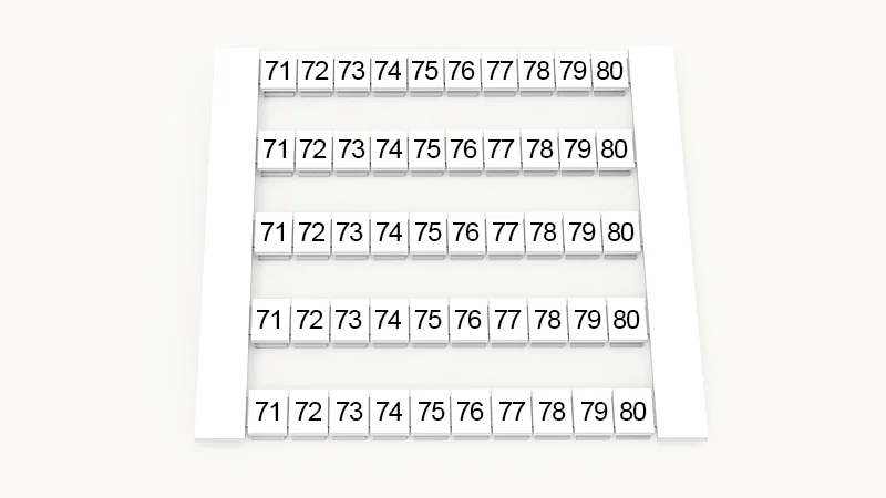 Марк. кассета DEK6-50P-19-34Z(H) - Кассета с шильдиками для клемм WS…, сечением 4 мм кв., боковая, 50 шильдиков, нанесенные символы: 71-80, 5 полосок, с вертикальным расположением, размер шильдика: 5,8х5,5 мм, цвет белый
