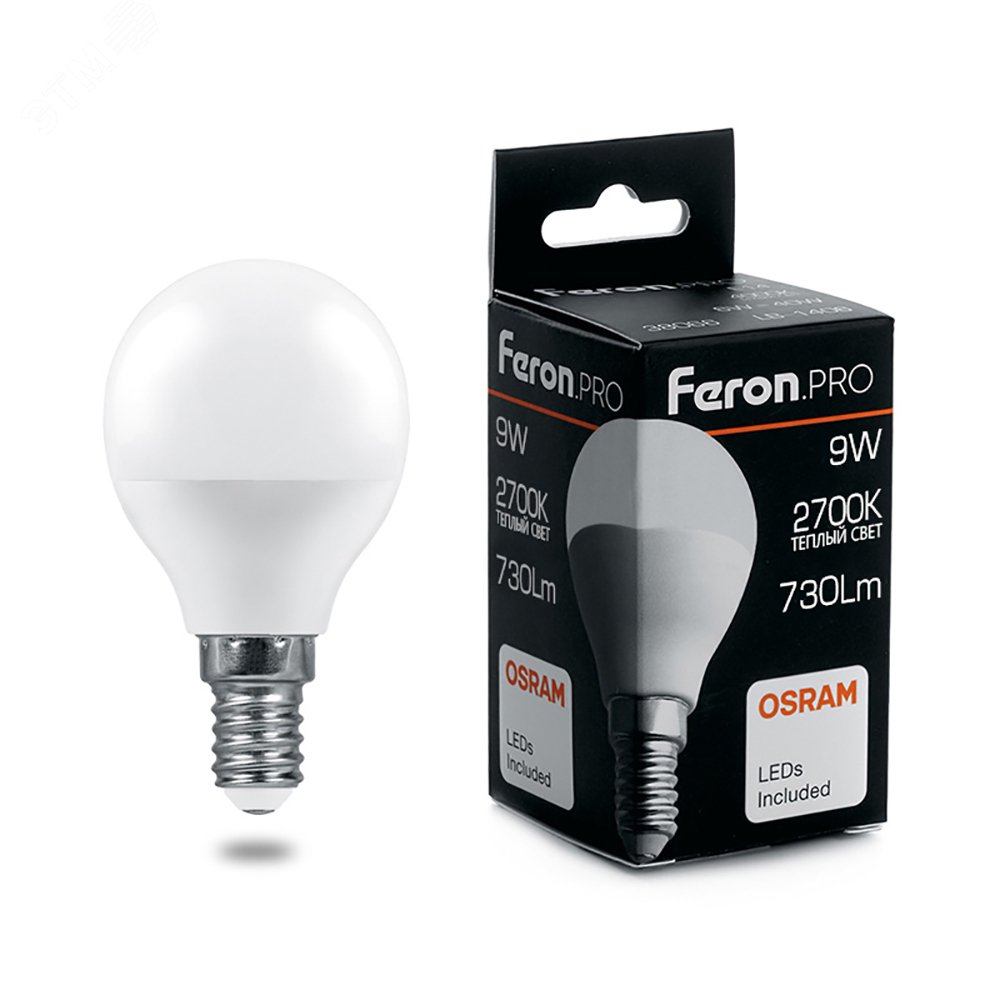 Лампа светодиодная LED 9вт Е14 теплый матовый шар Feron.PRO 38077