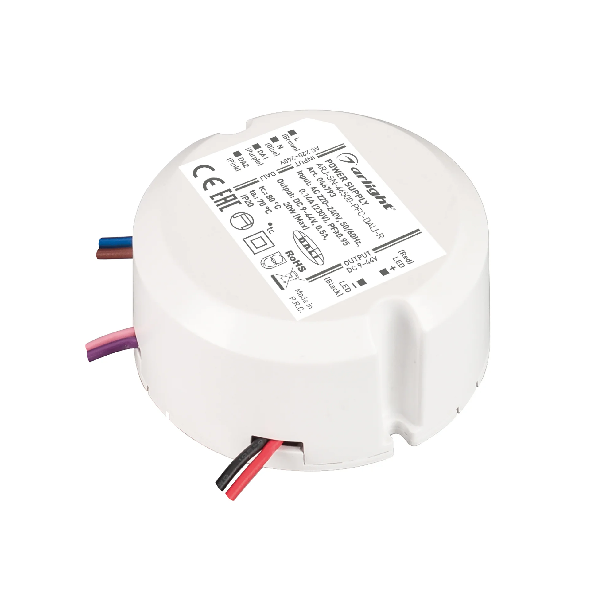 Блок питания ARJ-SN-44500-PFC-DALI-R (20W, 9-40V, 0.5A) 046793 - Диммируемый источник тока по протоколу DALI и функцией Push Dim с гальванической развязкой для светильников и мощных светодиодов. Входное напряжение 220-240 VAC. Выходные параметры: 9-40В (5