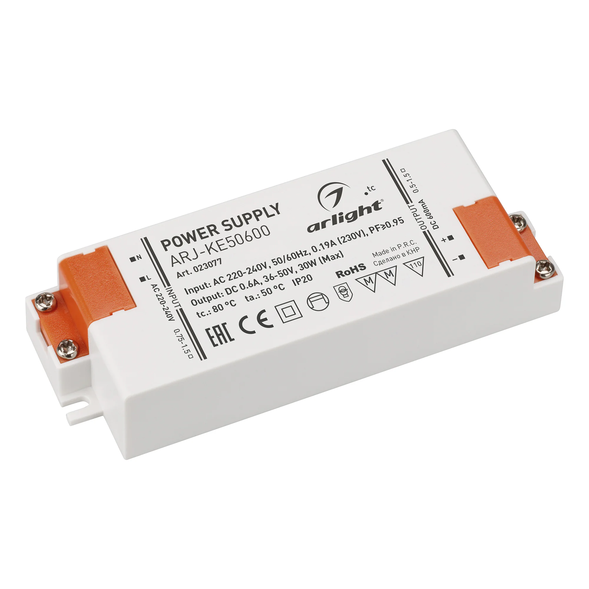 Блок питания ARJ-KE50600 (30W, 600mA, PFC) 023077 - Источник тока с гальванической развязкой для светильников и мощных светодиодов. Входное напряжение 220-240 VAC. Выходные параметры: 36-50 В, 600 mА, 30 Вт. Встроенный PFC >0.95. Негерметичный пластиковый