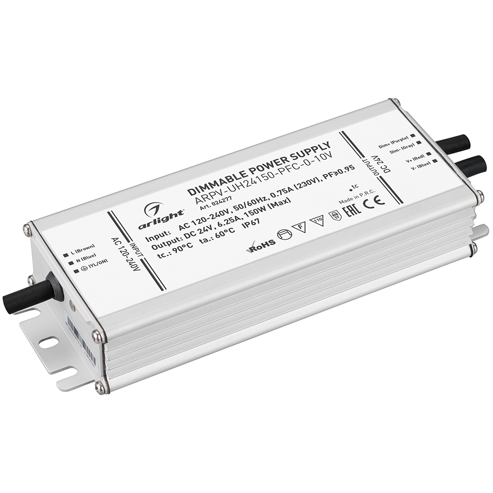Блок питания ARPV-UH24150-PFC-0-10V (24V, 6.3A, 150W) 024277 - Диммируемый источник напряжения по стандарту 0-10 В с гальванической развязкой для светодиодных изделий. Входное напряжение 120-240 VAC. Выходные параметры: 24 В, 6.3А, 150 Вт. Встроенный PFC 