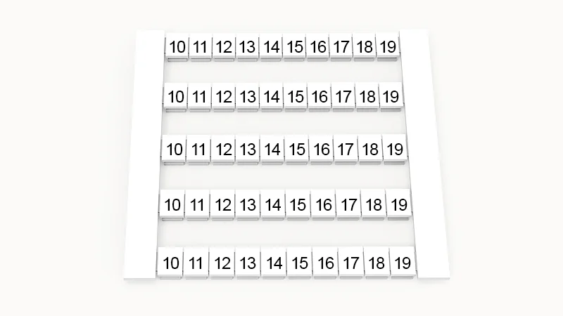 Марк. кассета DEK5-50P-19-71Z(H) - Маркировочные шильдики для клемм WS…, сечением 2,5 мм кв., боковая, 50 шильдиков, нанесенные символы: 10-19, по 5 полосок,с вертикальным расположением, размер шильдика: 4,8х5,5 мм, цвет белый