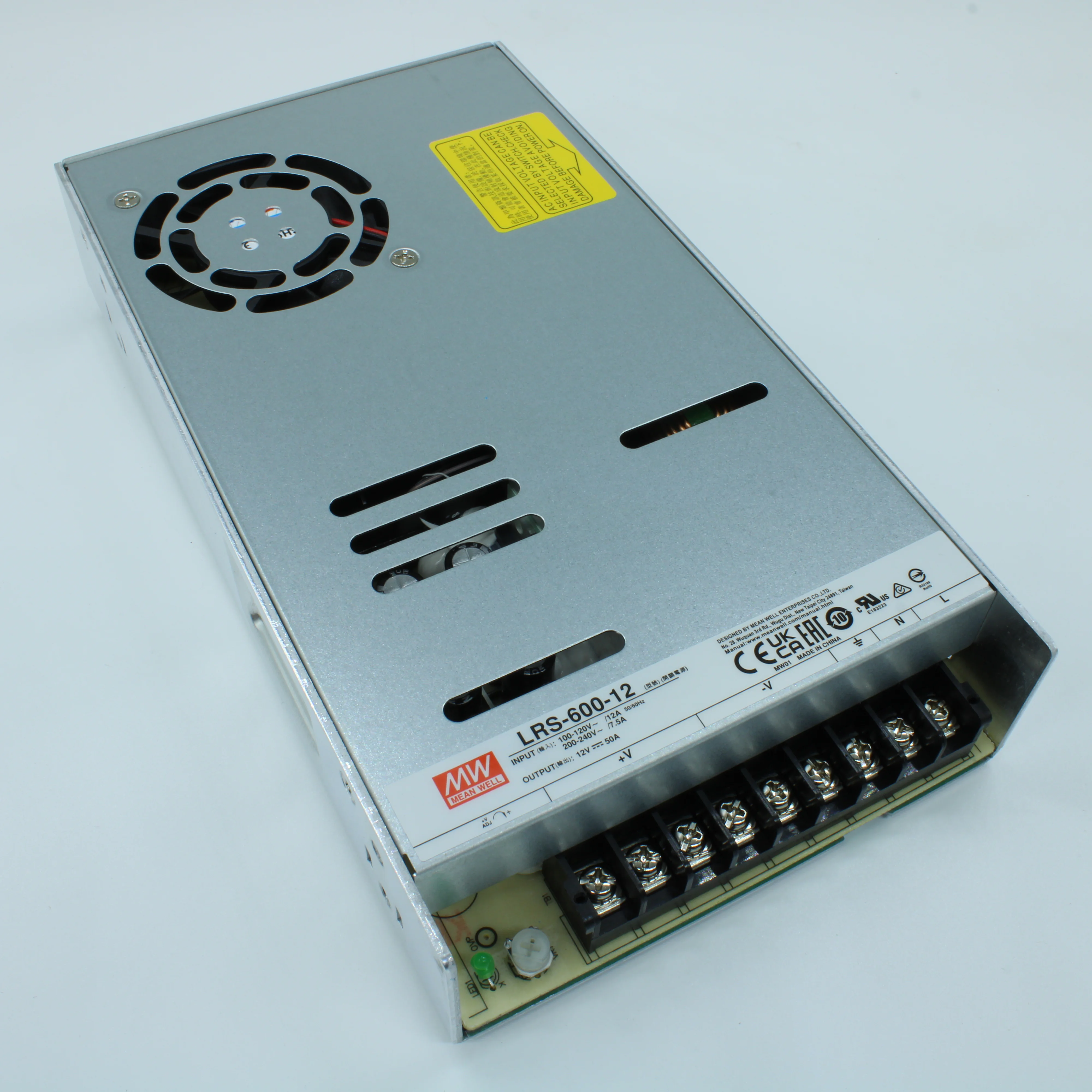 LRS-600-12 - AC-DC, 600Вт, вход 90…264В AC (переключатель), 47…63Гц, выход 12В/50A, рег.вых=11.4…13.2В, изоляция 3000В AC, в кожухе 225х124х41мм, -20…+65°С