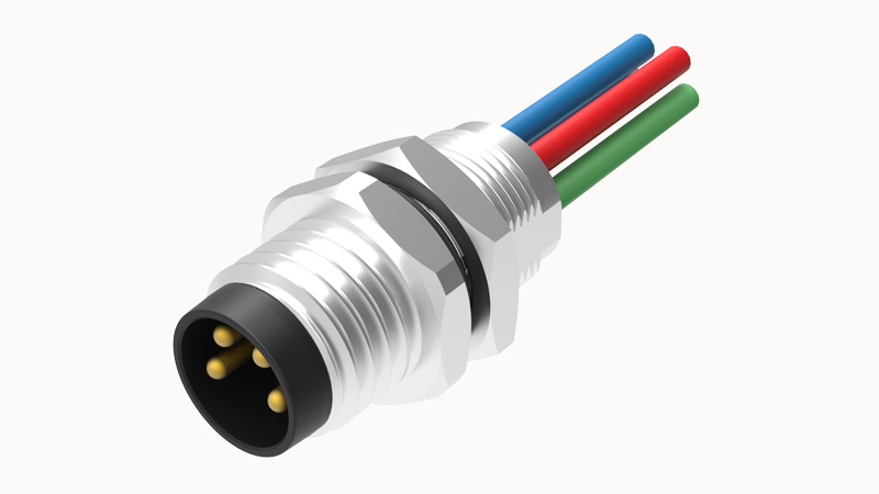 Вилочный разъем SD-M8A-04P-MM-SH7B50 - Вилочный разъем в панель, 4 полюса, M8, гайка сзади, с проводом, A-Code, сечение проводовников: 0.25 мм кв., (цвет проводовников: коричневый, белый, синий, черный), 3А, 60V, M8*0.5, металл