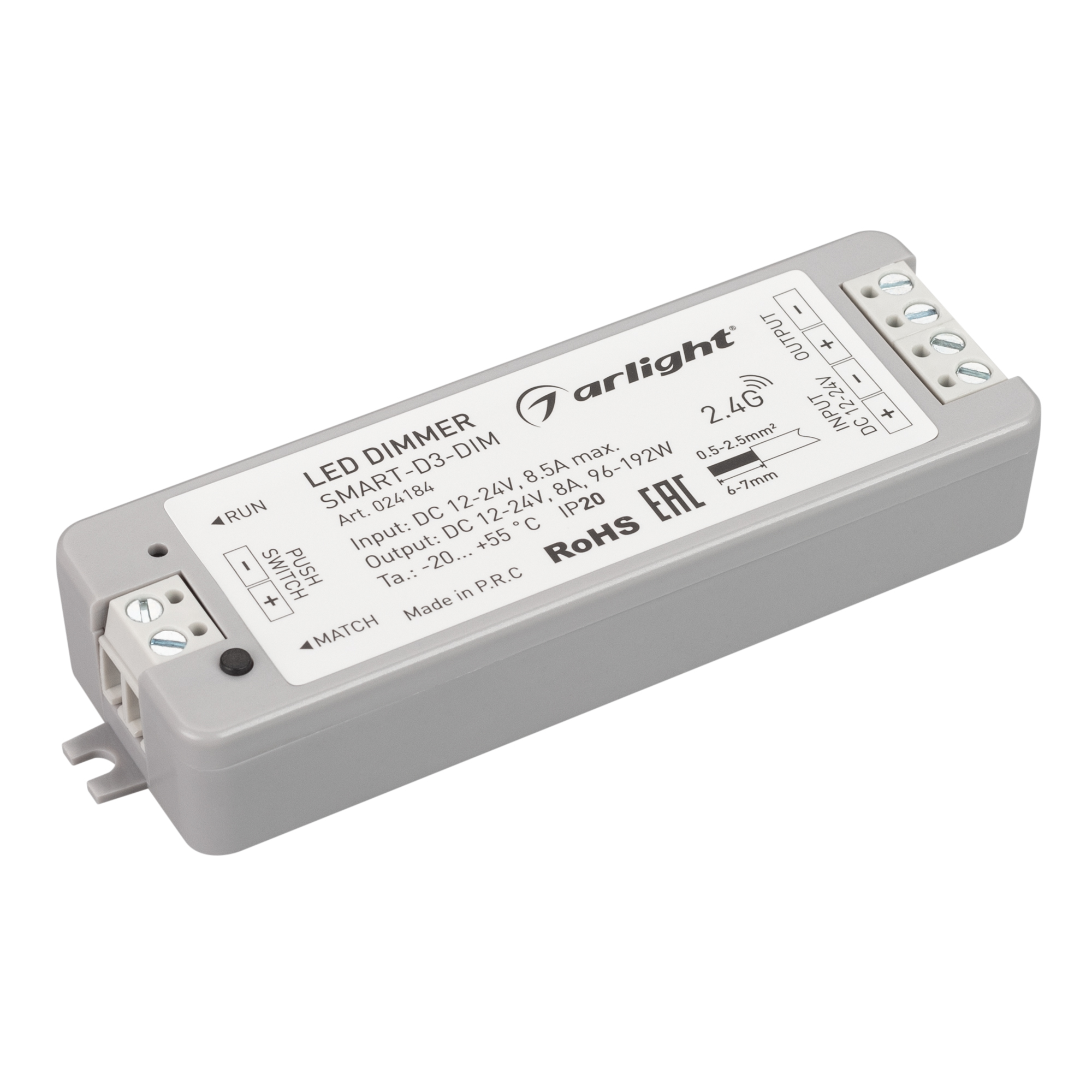 Диммер SMART-D3-DIM (12-24V, 8A, 2.4G) 024184 - Диммер для монохромной светодиодной ленты (ШИМ). Питание/рабочее напряжение 12-24VDC, максимальный ток 8A на канал, 1 канал, максимальная мощность 96-192W. Винтовые клеммы. Корпус - PVC. Габариты 97x33x18 мм