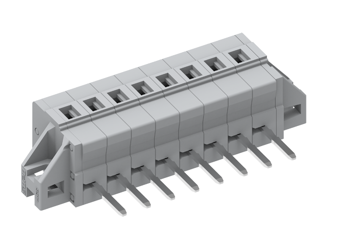 Розеточный разъем на плату 450464/010 - Клемма, горизонтальный, подвод кабеля, на плату, шаг: 5.0 мм, 4 полюса, фиксация провода пружинная, исполнение: с монтажными фланцами, 320V, 12A, цвет: серый