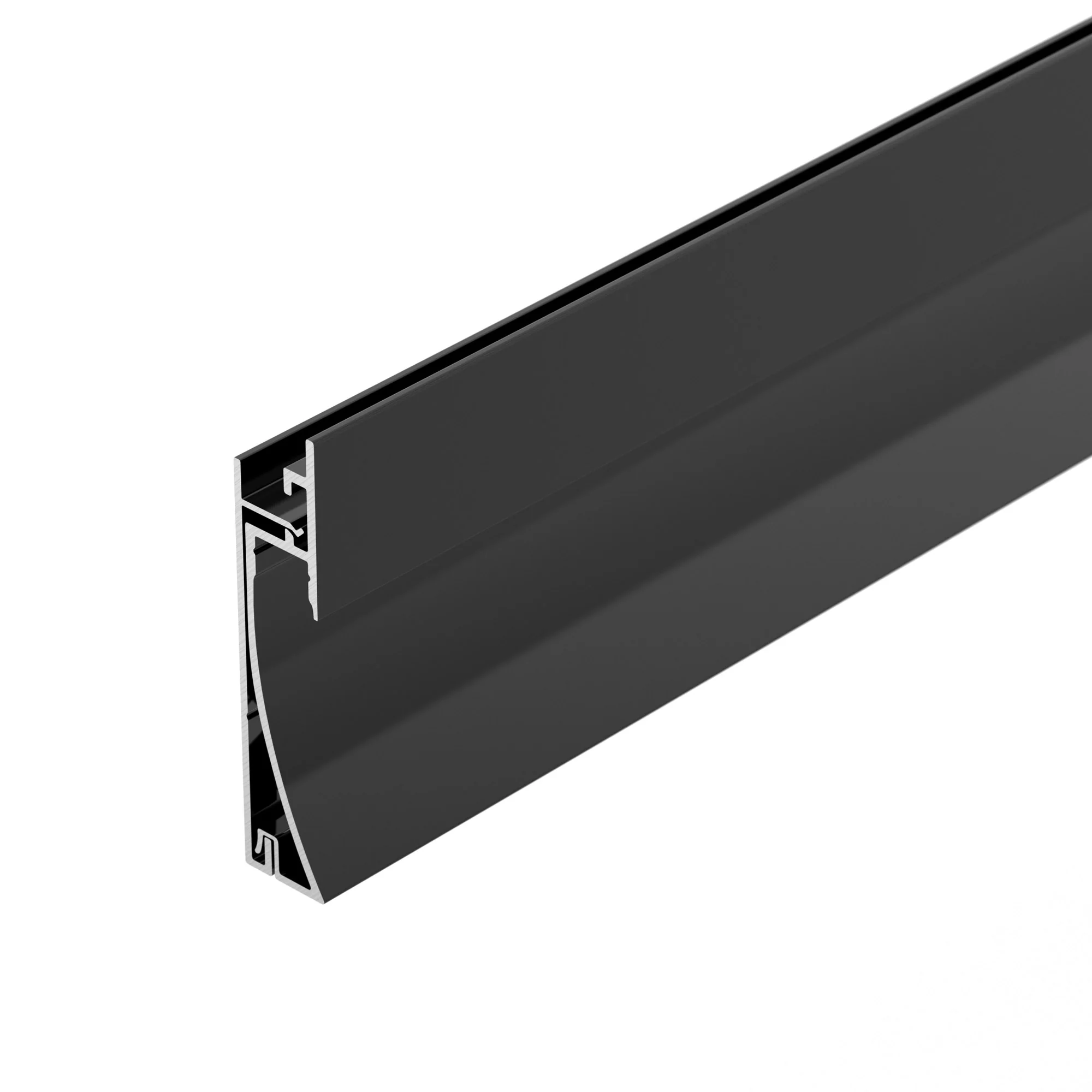 Профиль PLINTUS-H58-F-2000 BLACK 045286 - Алюминиевый встраиваемый двухкомпонентный профиль-плинтус для светодиодных лент и линеек. Цвет - черный RAL9005 (порошковая окраска). Габаритные размеры (LхWхH): 2000x12,20x58,30 мм. Ширина площадки для ленты 8 мм