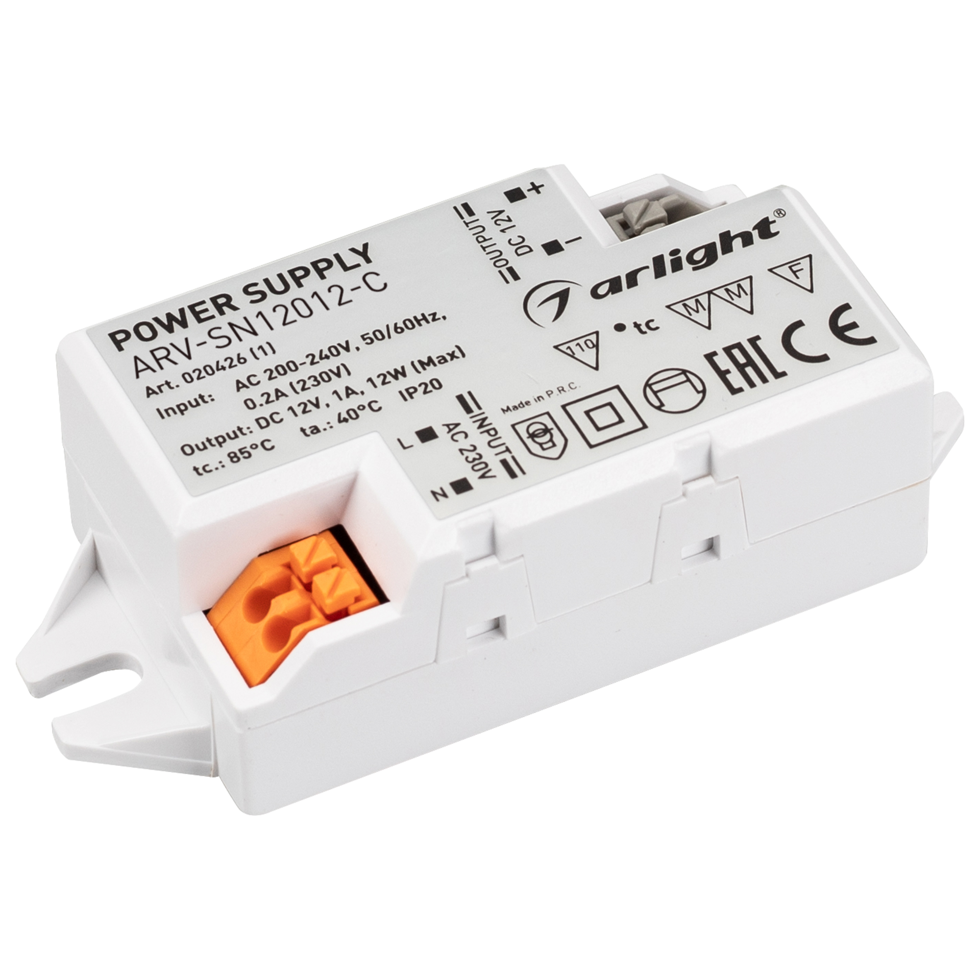Блок питания ARV-SN12012-C (12V, 1A, 12W) 020426(1) - Источник напряжения с гальванической развязкой для светодиодных изделий. Входное напряжение 200-240 VAC. Выходные параметры: 12 В, 1 А, 12 Вт. Встроенный PFC >0,5. Негерметичный пластиковый корпус IP 2