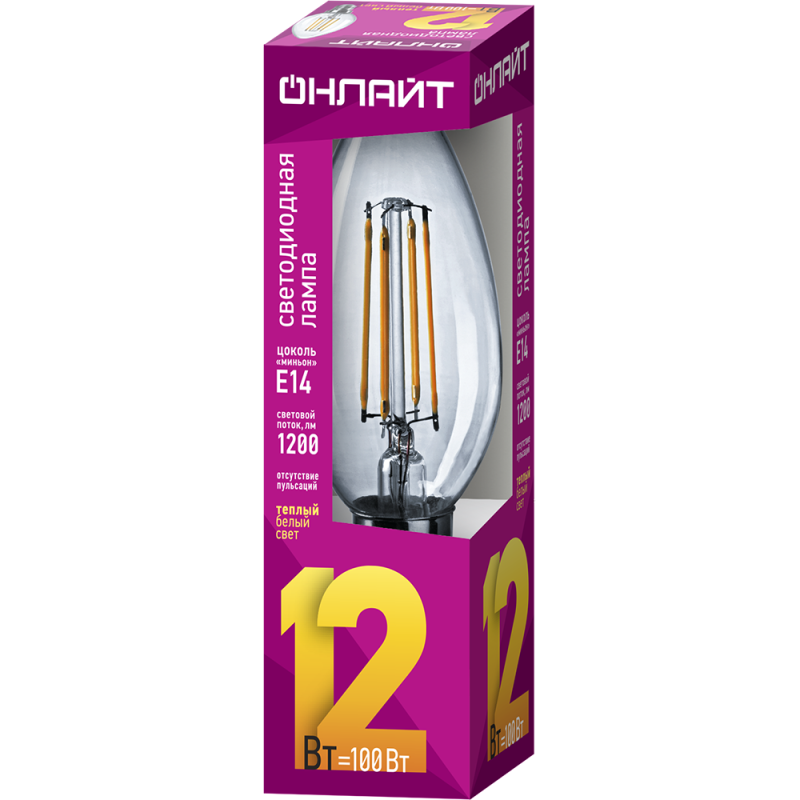 Лампа светодиодная филаментная 80 896 OLL-F-C35-12-230-2.7K-E14 12Вт свеча прозрачная 2700К тепл. бел. E14 1200лм 220-240В 80896