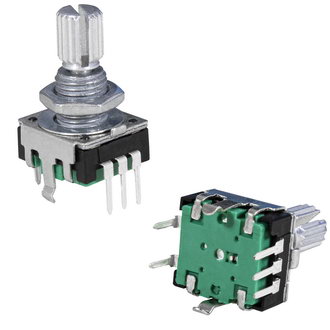 PEC11R 24/24 15MM PUSHPIN - Энкодер PEC11, 24 щелчка, 24 импульса, металлический вал с насечкой 15мм, с кнопкой, горизонтальные выводы, крепление на гайку 7мм