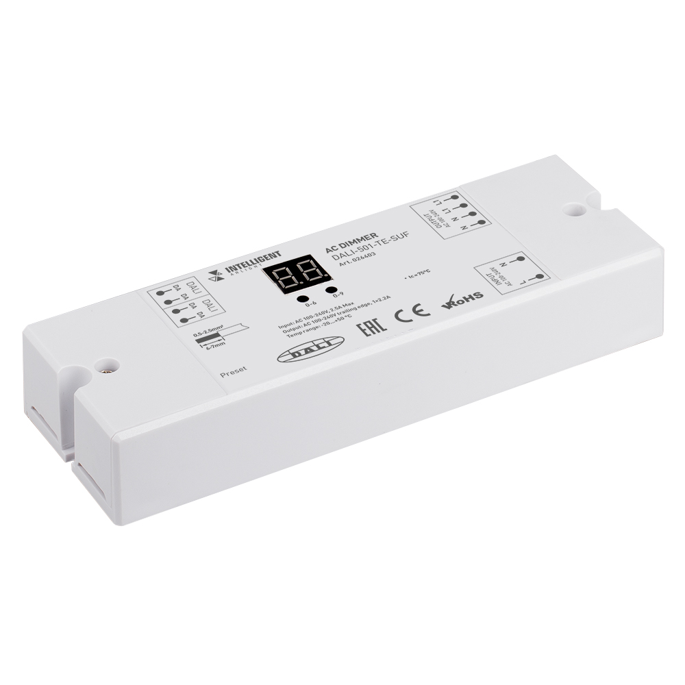 INTELLIGENT ARLIGHT Диммер DALI-501-TE-SUF (230V, 2.2A) 026403 - Диммер для управления нагрузкой по 230В (TRIAC/MOSFET), по протоколу DALI. 1 адрес, 1 канал. Максимальная мощность резистивной нагрузки 500W. Диммирование по заднему фронту (Trailing edge). 