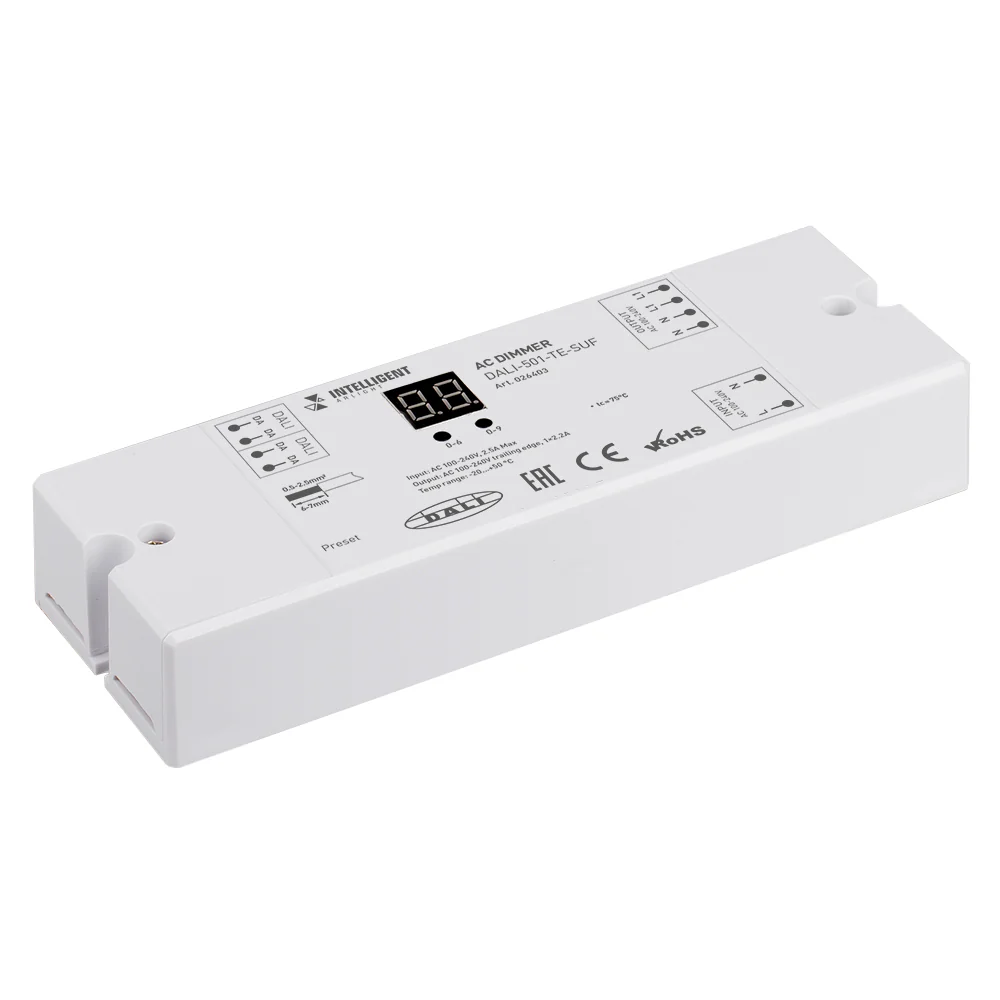 INTELLIGENT ARLIGHT Диммер DALI-501-TE-SUF (230V, 2.2A) 026403 - Диммер для управления нагрузкой по 230В (TRIAC/MOSFET), по протоколу DALI. 1 адрес, 1 канал. Максимальная мощность резистивной нагрузки 500W. Диммирование по заднему фронту (Trailing edge). 