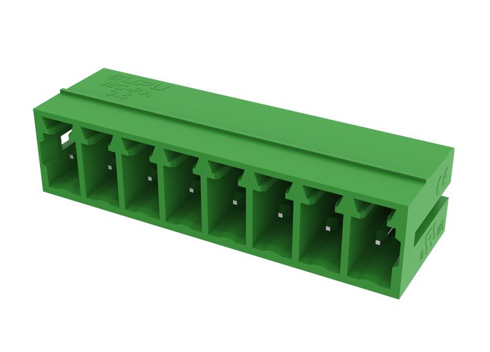 Вилочный разъем на плату MC-PA3.5V04-L-0002 - Вилочный разъем, вертикальный, на плату, шаг: 3.5 мм, 4 полюса, фиксация на плате пайкой, исполнение: ступенчетого типа, 160V, 8A, цвет: зеленый