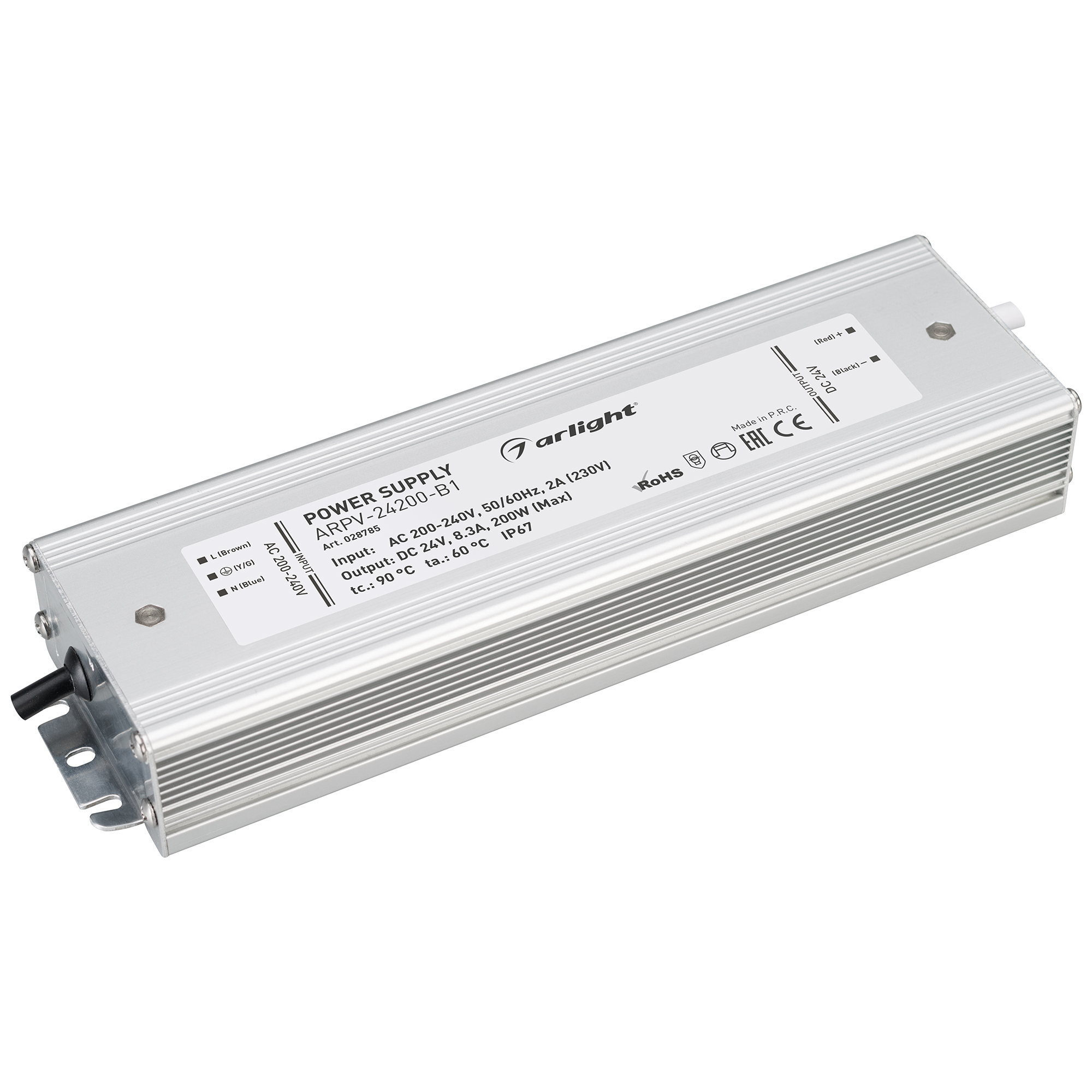 Блок питания ARPV-24200-B1 (24V, 8,3A, 200W) 028785 - Источник напряжения с гальванической развязкой для светодиодных изделий. Входное напряжение 200-240 VAC. Выходные параметры: 24 В, 8.3 А, 200 Вт. Встроенный PFC >0.5. Герметичный алюминиевый корпус IP 
