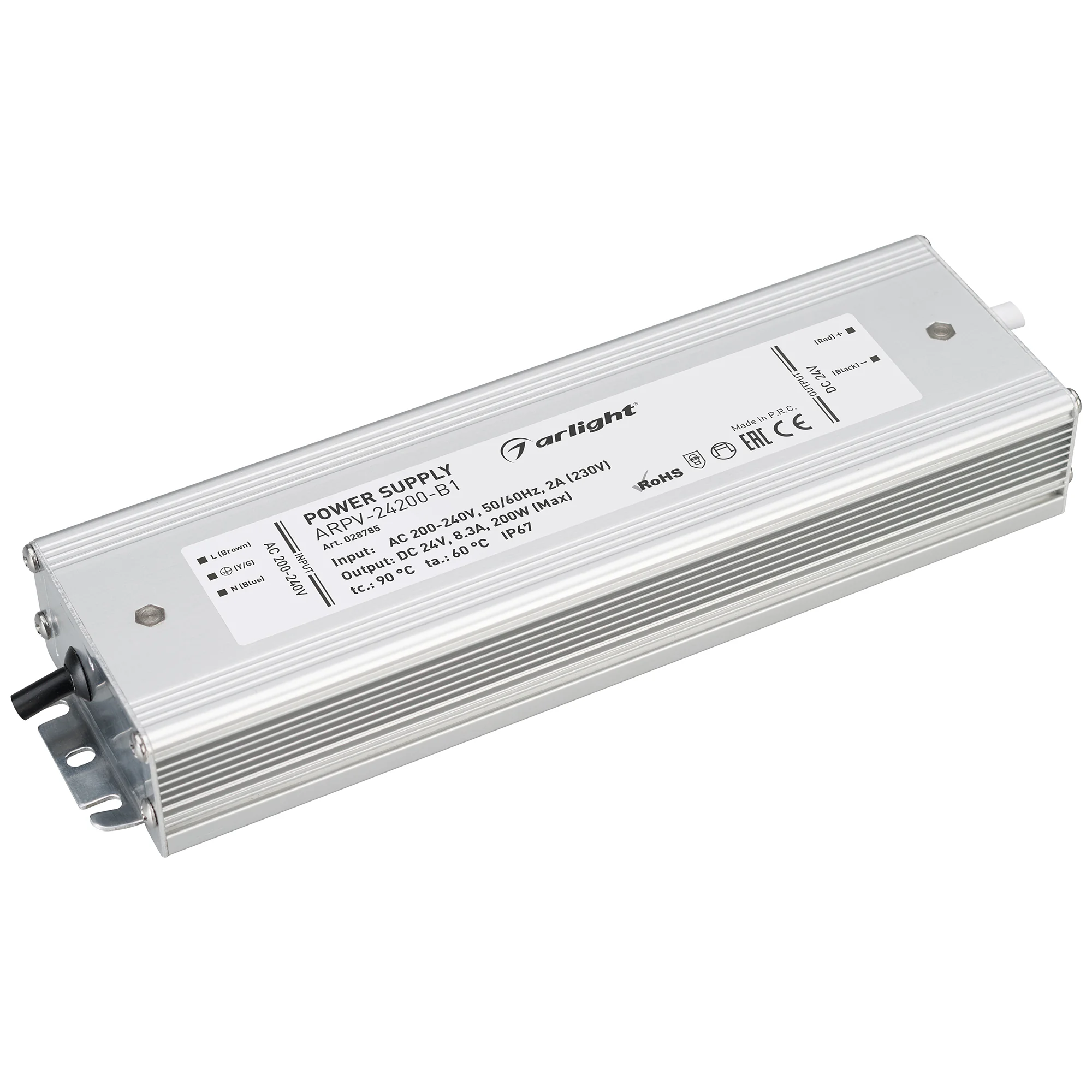 Блок питания ARPV-24200-B1 (24V, 8,3A, 200W) 028785 - Источник напряжения с гальванической развязкой для светодиодных изделий. Входное напряжение 200-240 VAC. Выходные параметры: 24 В, 8.3 А, 200 Вт. Встроенный PFC >0.5. Герметичный алюминиевый корпус IP 