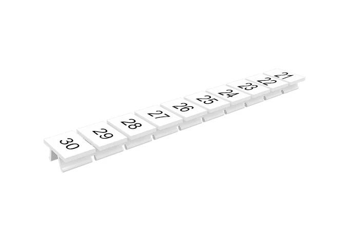 Маркировка  306801/21...30V - Маркировочные шильдики для клемм TU/TP/TC, сечением 4 мм кв., 10 шильдиков, нанесенные символы: 21…30, с вертикальным расположением, цвет белый